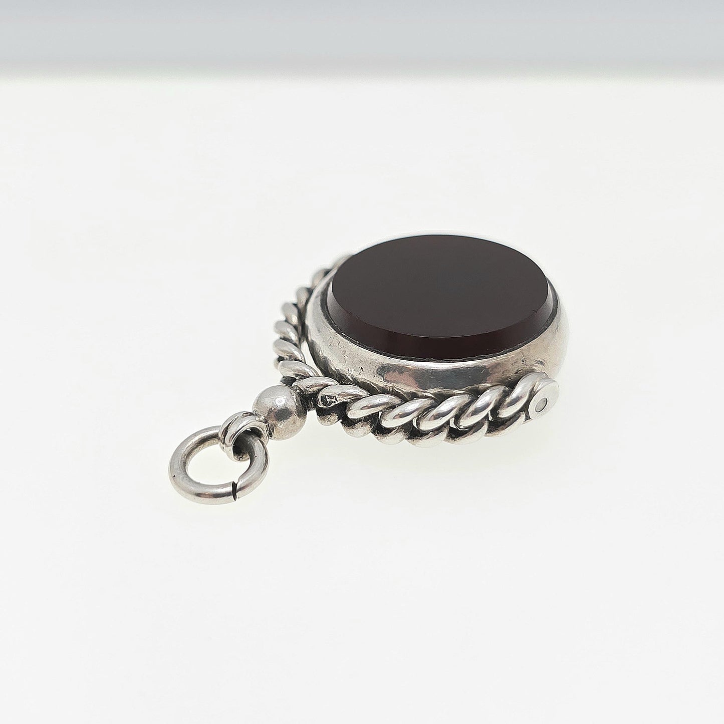 Antique Sterling Silver Spinner Bloodstone Fob Necklace Pendant Rope Border Carnelian Hallmark Large Vintage Mens Womens Jewelry Jewellery