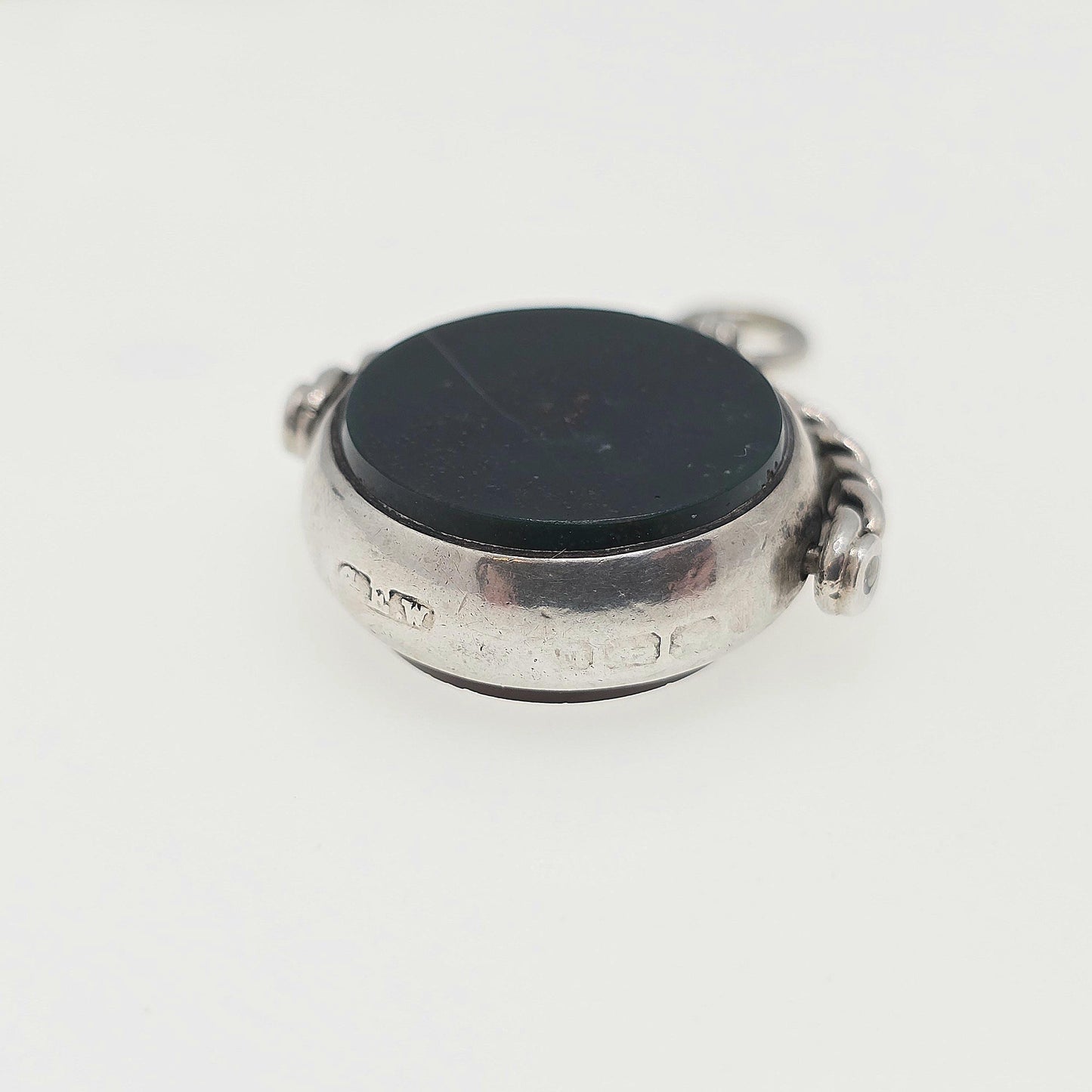 Antique Sterling Silver Spinner Bloodstone Fob Necklace Pendant Rope Border Carnelian Hallmark Large Vintage Mens Womens Jewelry Jewellery