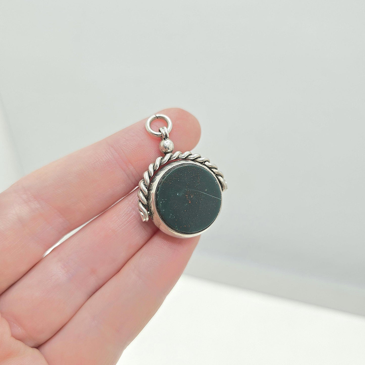 Antique Sterling Silver Spinner Bloodstone Fob Necklace Pendant Rope Border Carnelian Hallmark Large Vintage Mens Womens Jewelry Jewellery