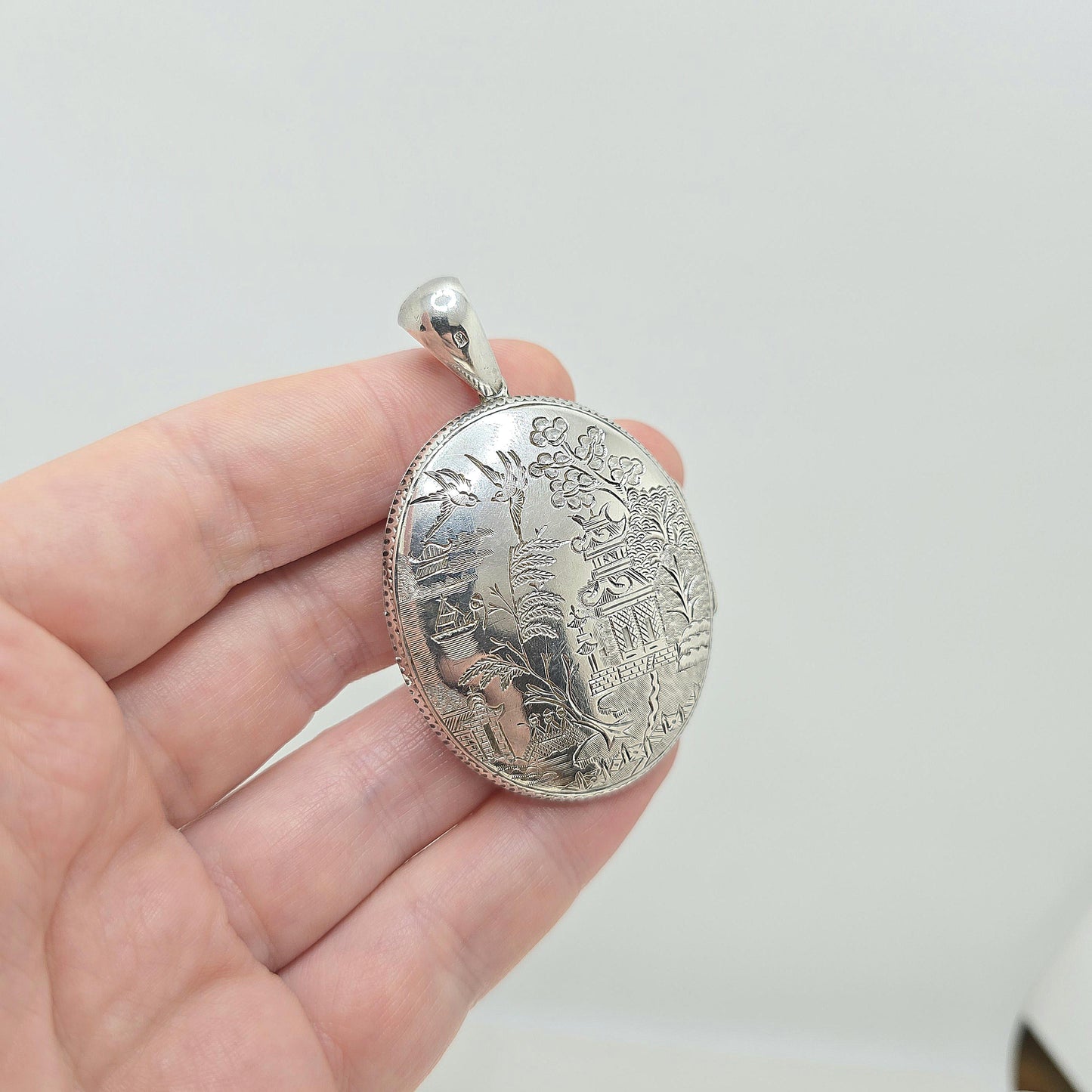 Antique Victorian Sterling Silver Bird Locket Chinese Asian Scene 1882 Hallmark Pendant Huge Big Picture Photo Vintage Jewelry Jewellery