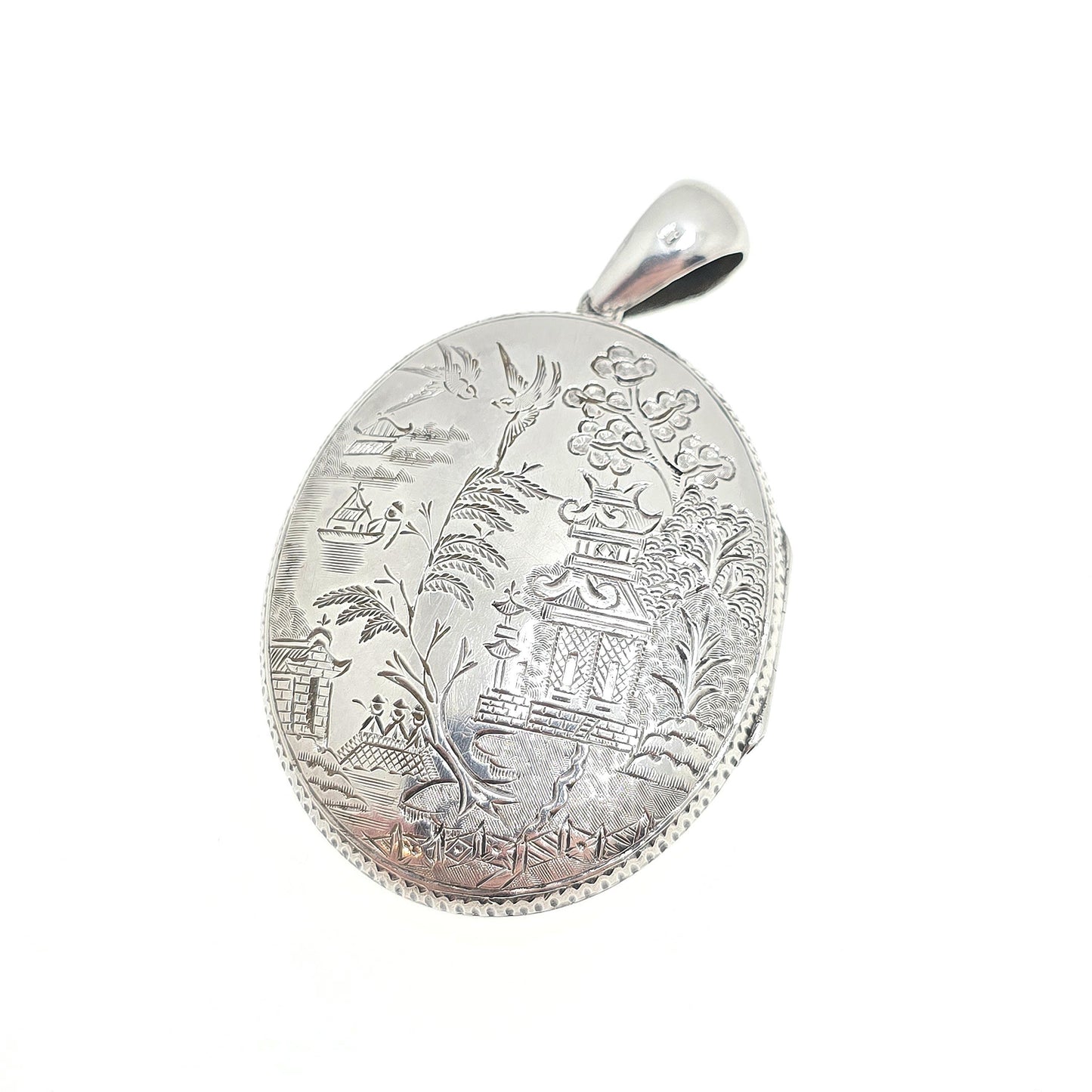 Antique Victorian Sterling Silver Bird Locket Chinese Asian Scene 1882 Hallmark Pendant Huge Big Picture Photo Vintage Jewelry Jewellery