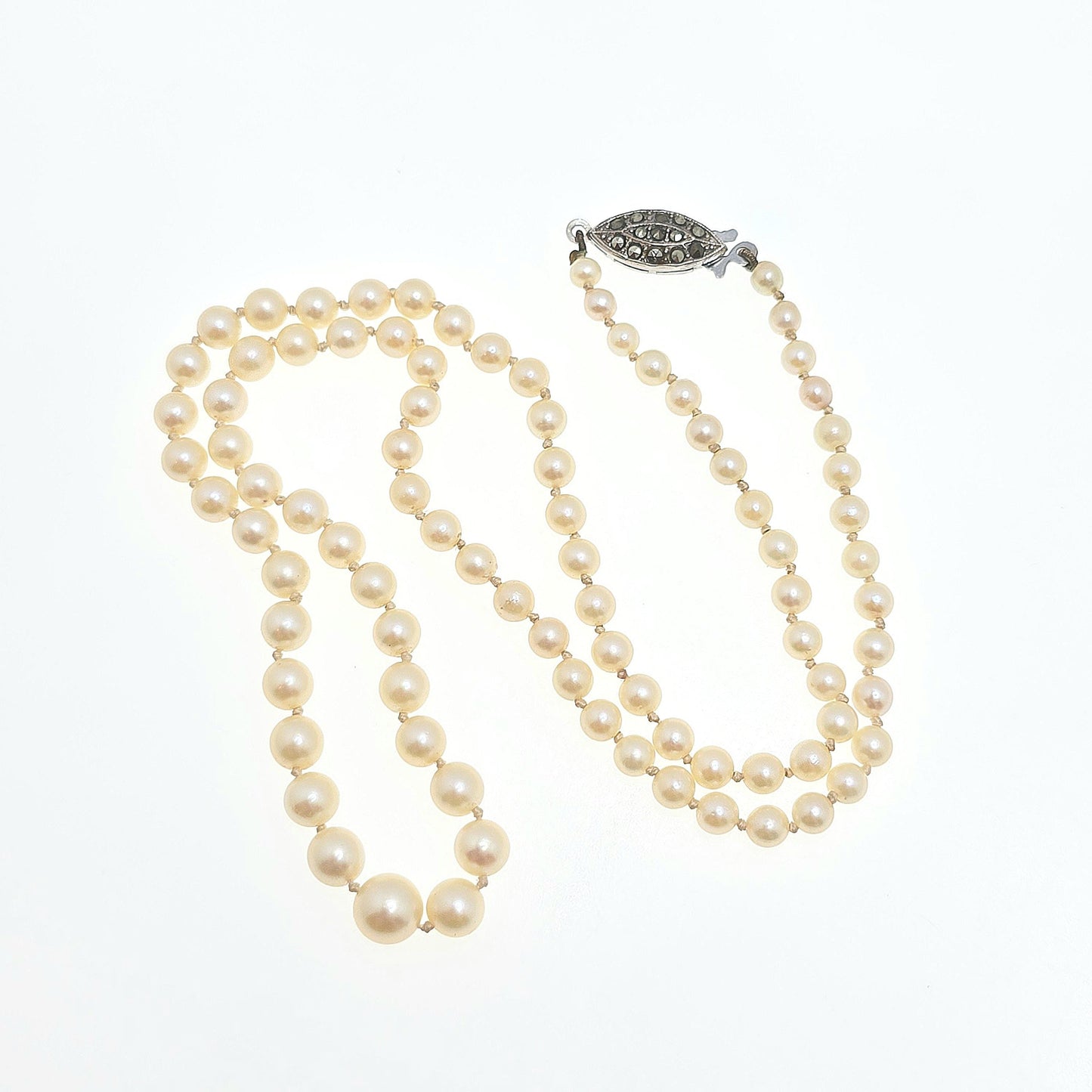 Antique Cultured Pearl Necklace Sterling Silver Marcasite Long Art Deco 50cm 19.6" 14.20g Real Genuine Pearls Vintage 1920s Jewelry
