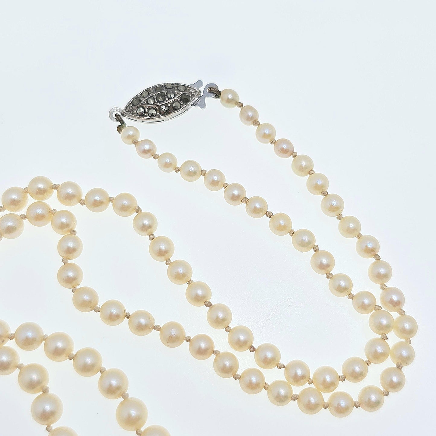Antique Cultured Pearl Necklace Sterling Silver Marcasite Long Art Deco 50cm 19.6" 14.20g Real Genuine Pearls Vintage 1920s Jewelry