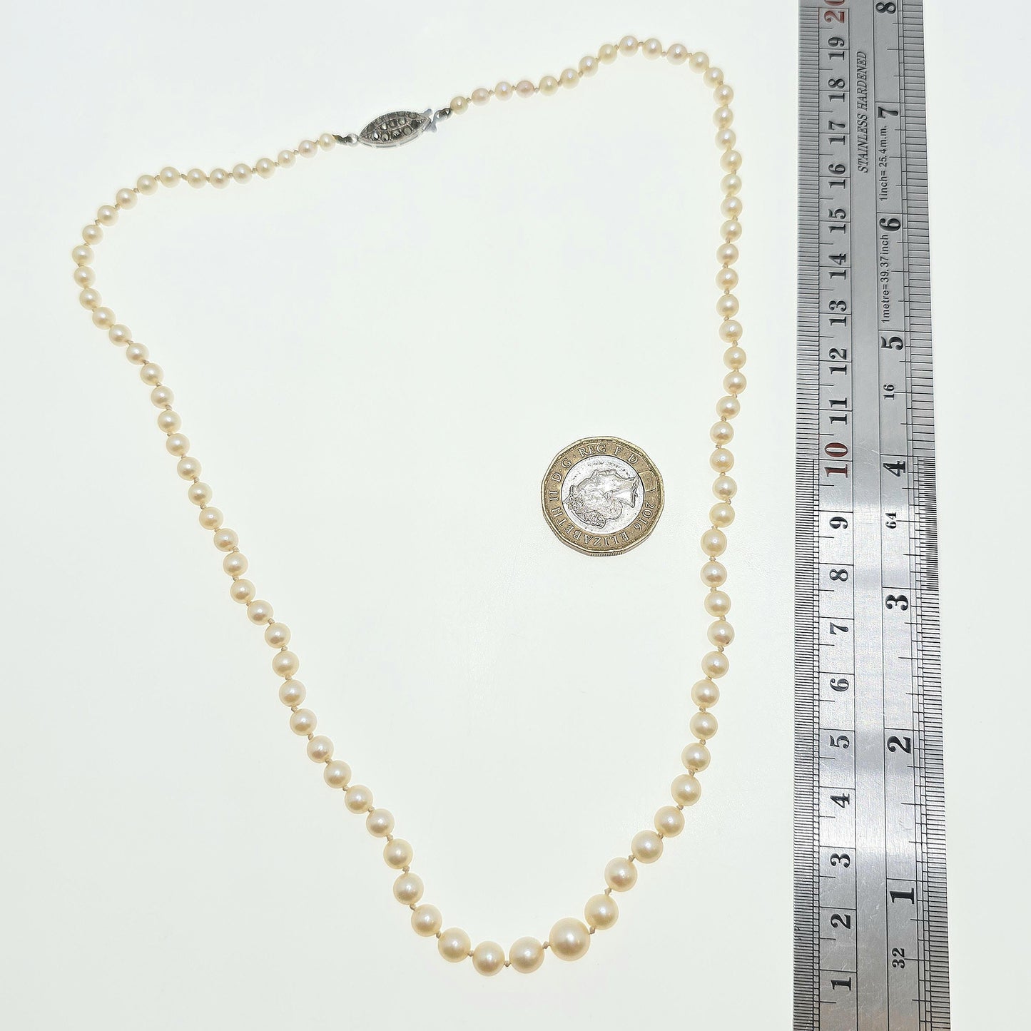 Antique Cultured Pearl Necklace Sterling Silver Marcasite Long Art Deco 50cm 19.6" 14.20g Real Genuine Pearls Vintage 1920s Jewelry