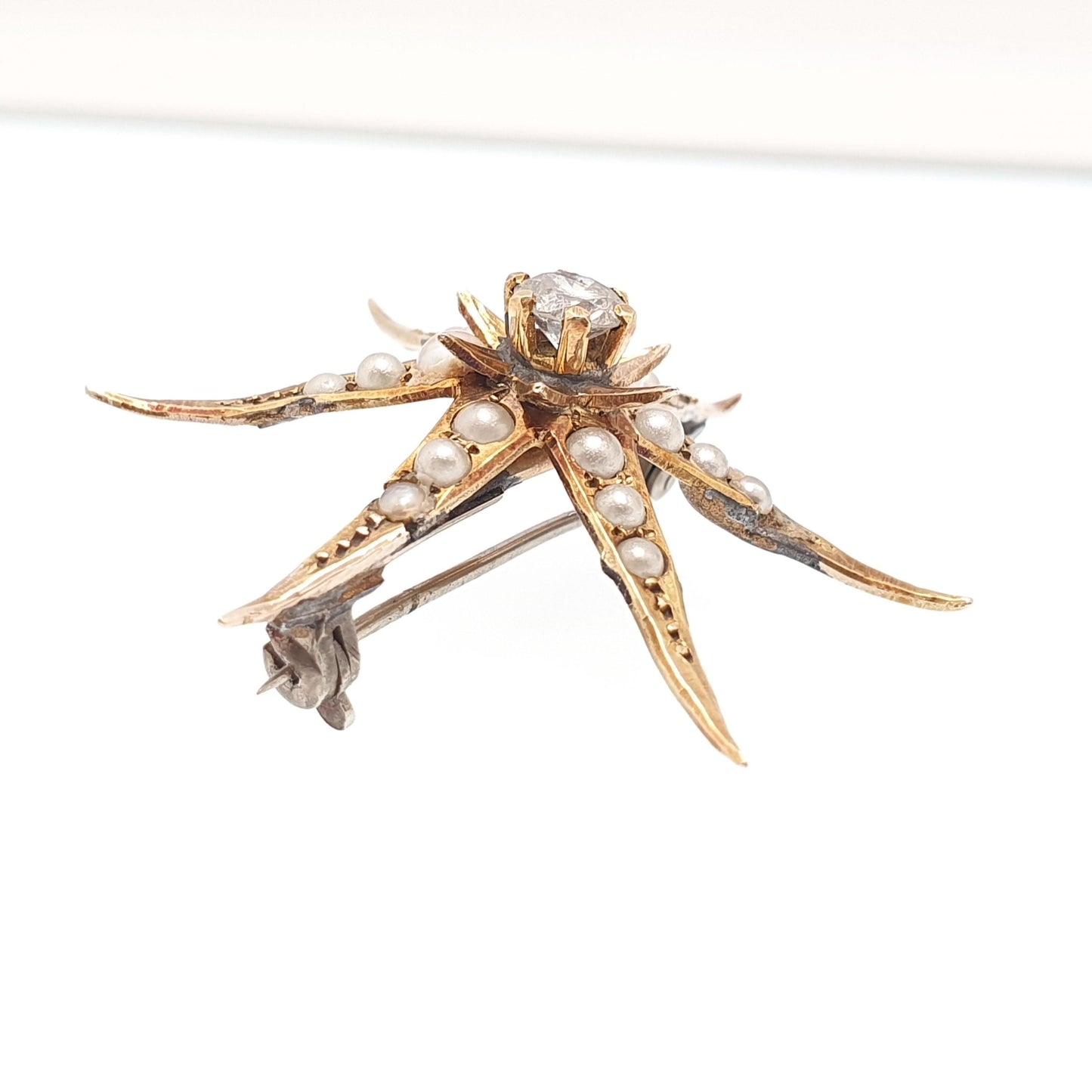 Antique 9ct Gold Star Brooch Natural Diamond & Seed Pearl Solid 9k 375 Victorian Brooch 6 Point Celestial 1800s Vintage Jewellery Jewelry