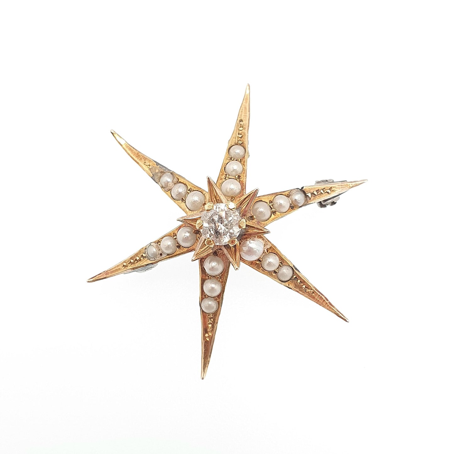 Antique 9ct Gold Star Brooch Natural Diamond & Seed Pearl Solid 9k 375 Victorian Brooch 6 Point Celestial 1800s Vintage Jewellery Jewelry
