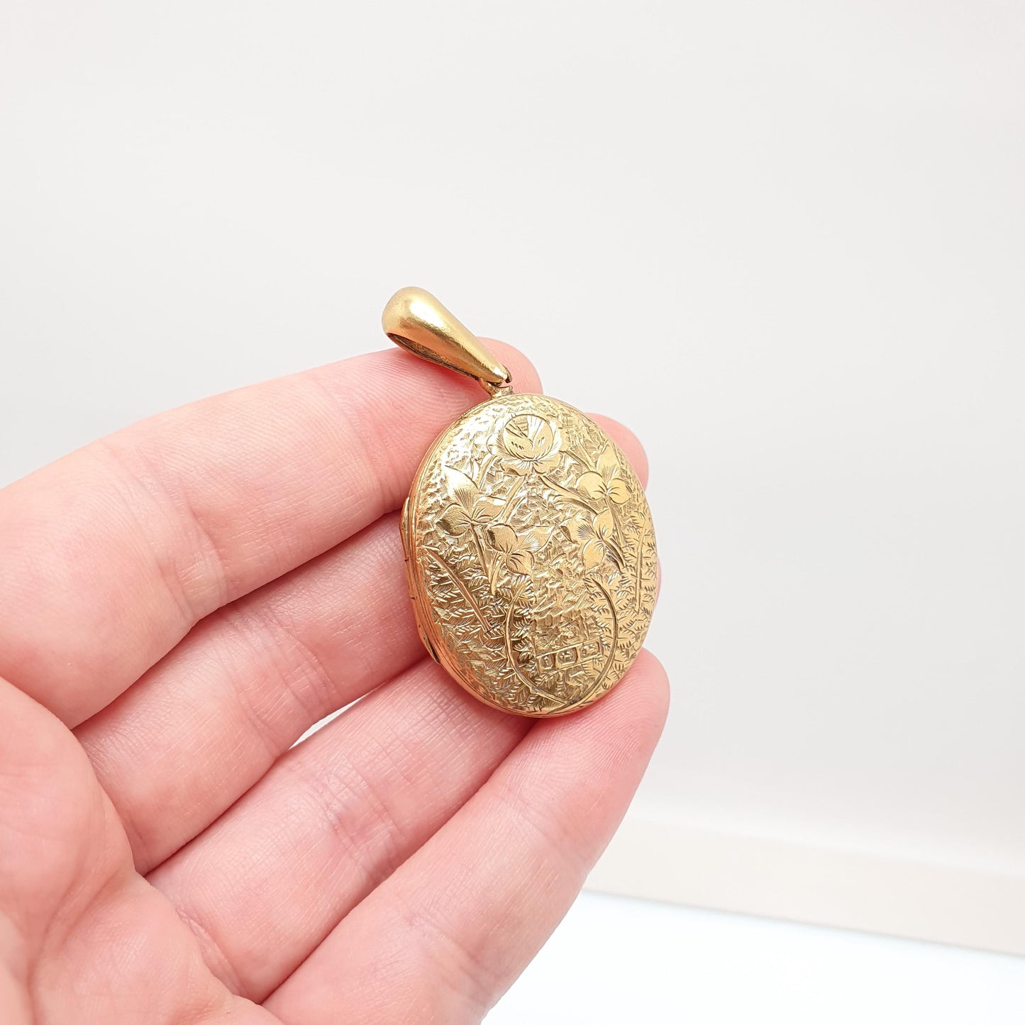 Antique Victorian Gold on Sterling Silver Locket Pendant 1879 Hallmarked Hand Engraved Large Oval Picture Photo Ornate Jewelry