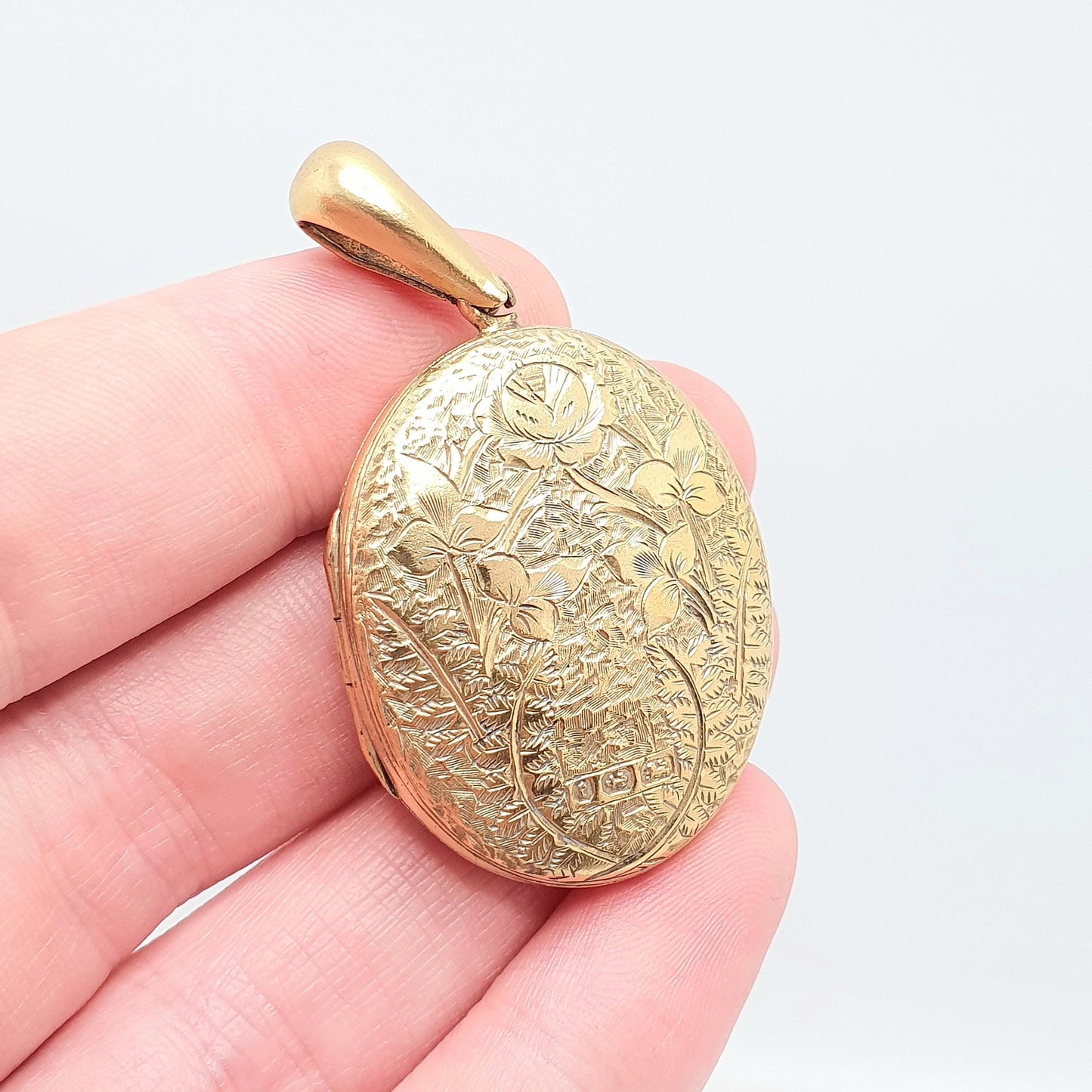 Antique Victorian Gold on Sterling Silver Locket Pendant 1879 Hallmarked Hand Engraved Large Oval Picture Photo Ornate Jewelry