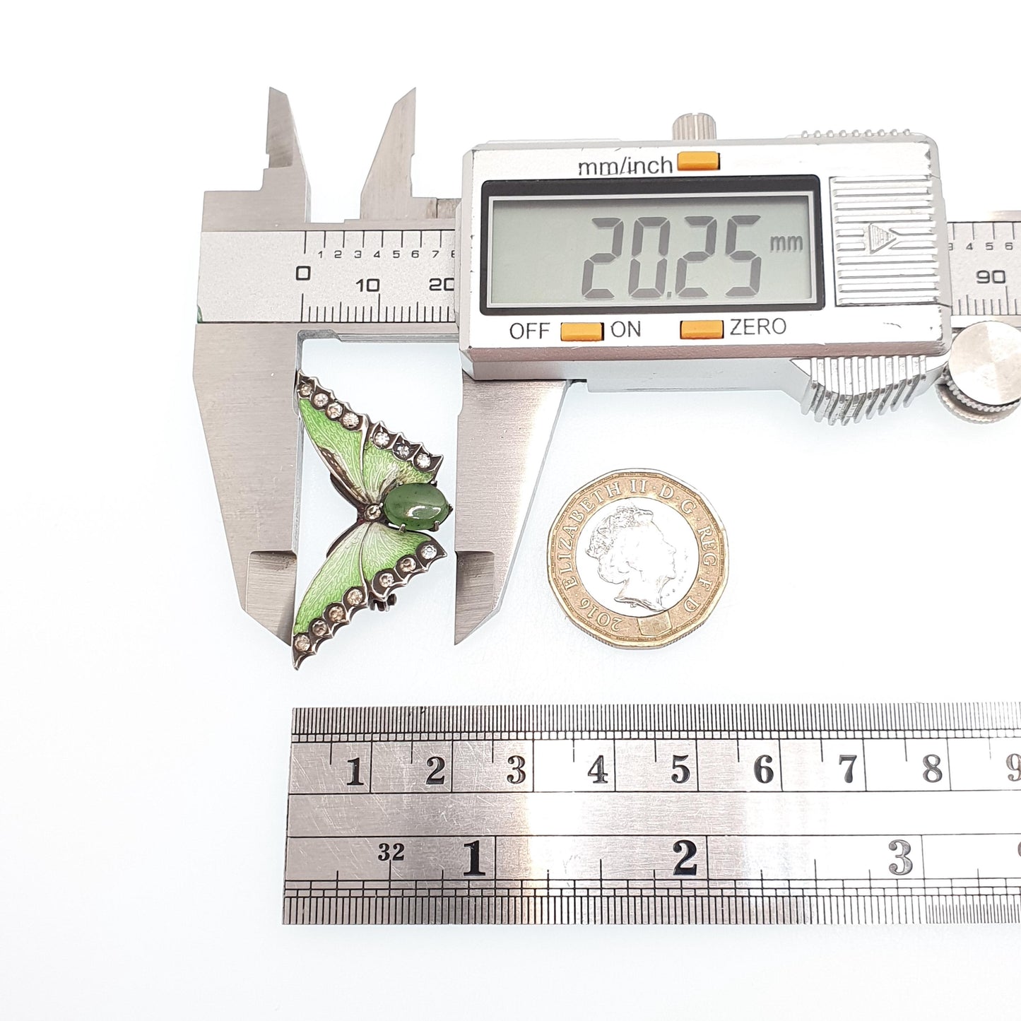 Antique Solid Silver Enamel Butterfly Brooch Nephrite Jade & Diamond Paste Insect Bug Style Vintage Estate Ladies Womens Jewelry Jewellery