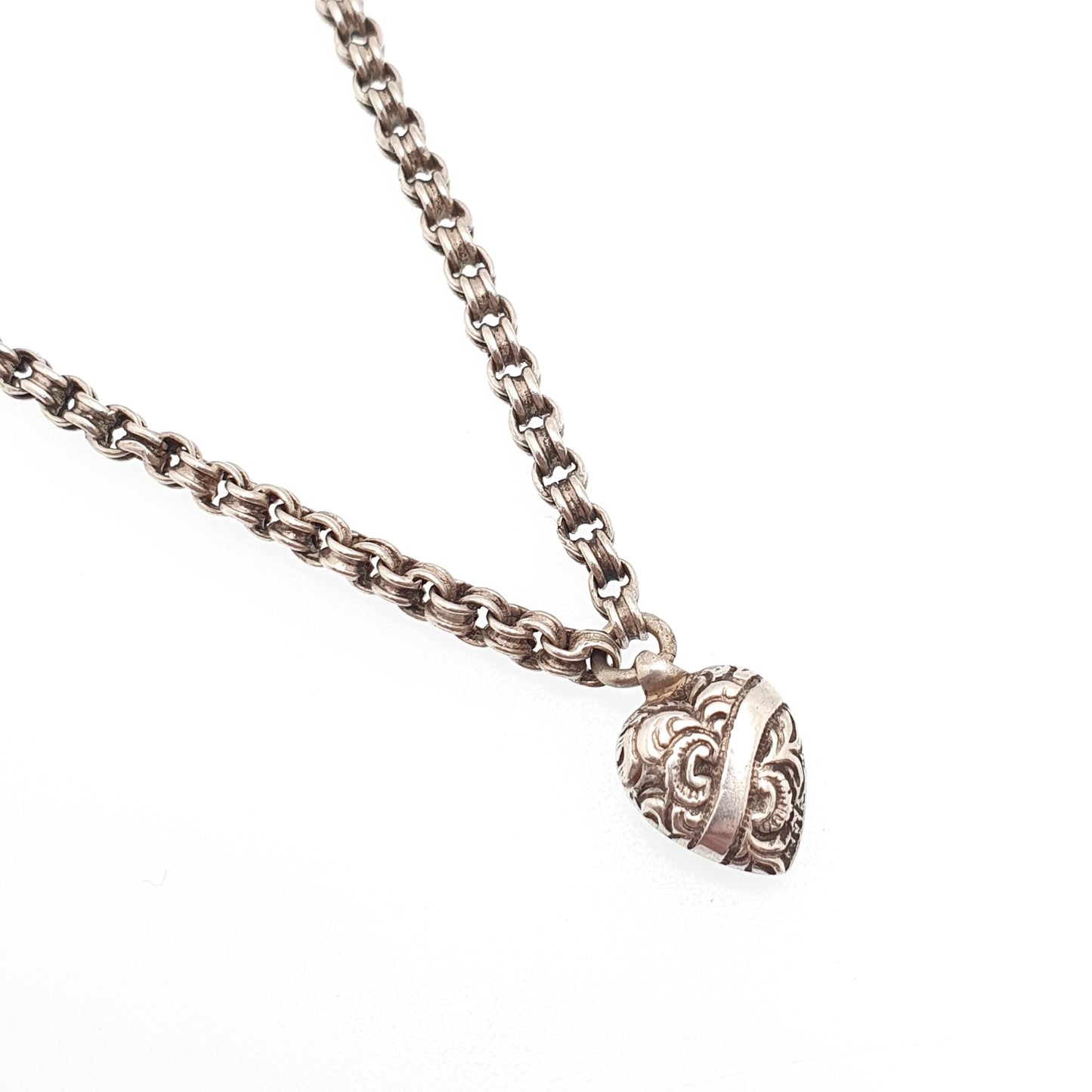 RESERVED/SOLD DON Antique Solid Silver Albertina Bracelet Victorian Heart Charm Dog Clip Belcher Link Chain 6.88g 19.5cm