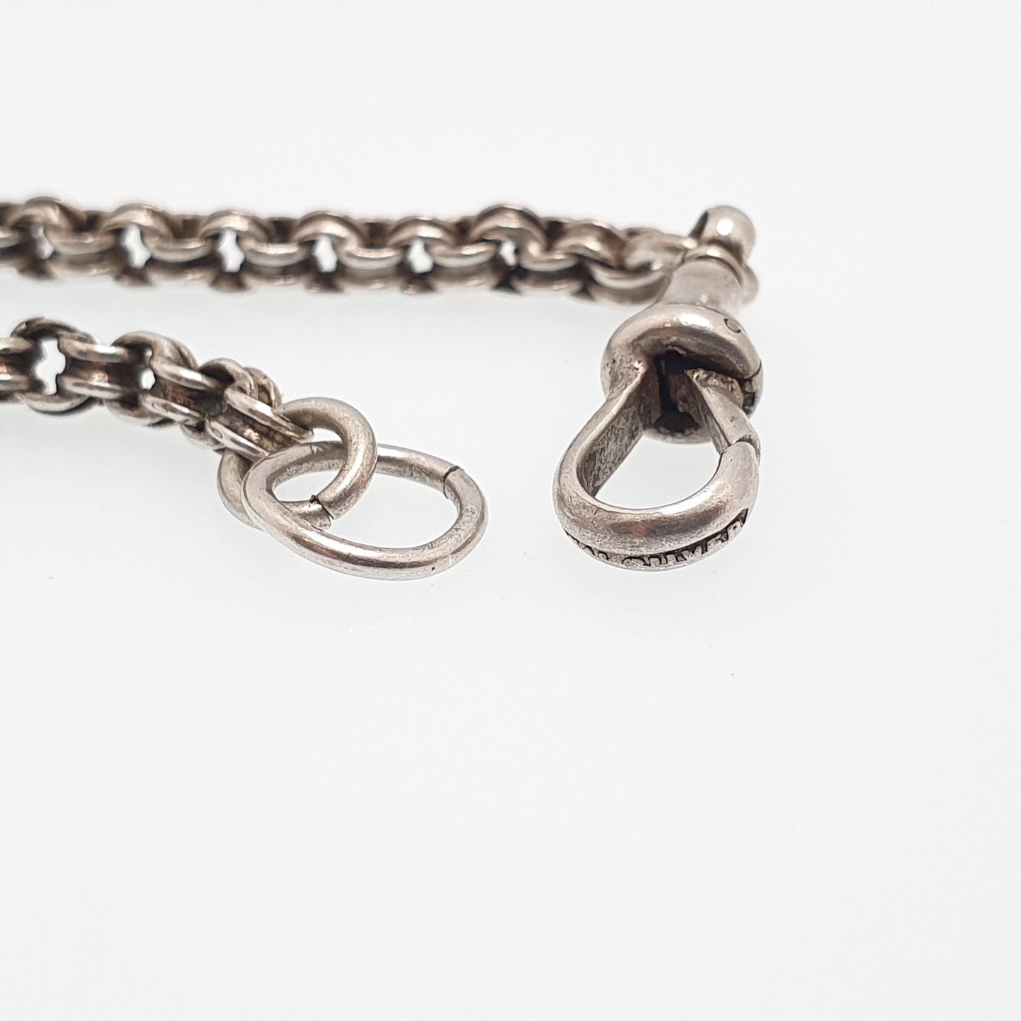 RESERVED/SOLD DON Antique Solid Silver Albertina Bracelet Victorian Heart Charm Dog Clip Belcher Link Chain 6.88g 19.5cm