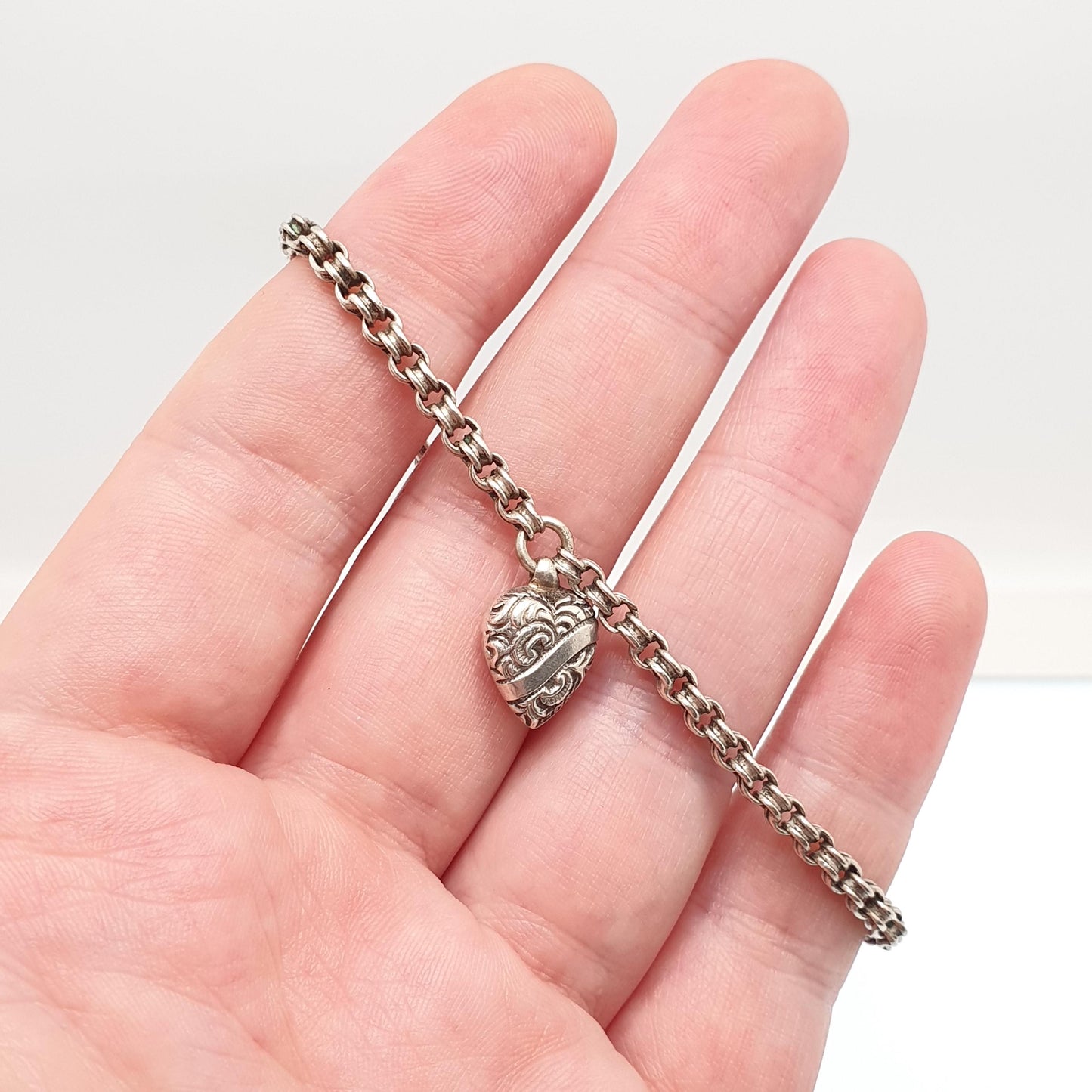 RESERVED/SOLD DON Antique Solid Silver Albertina Bracelet Victorian Heart Charm Dog Clip Belcher Link Chain 6.88g 19.5cm