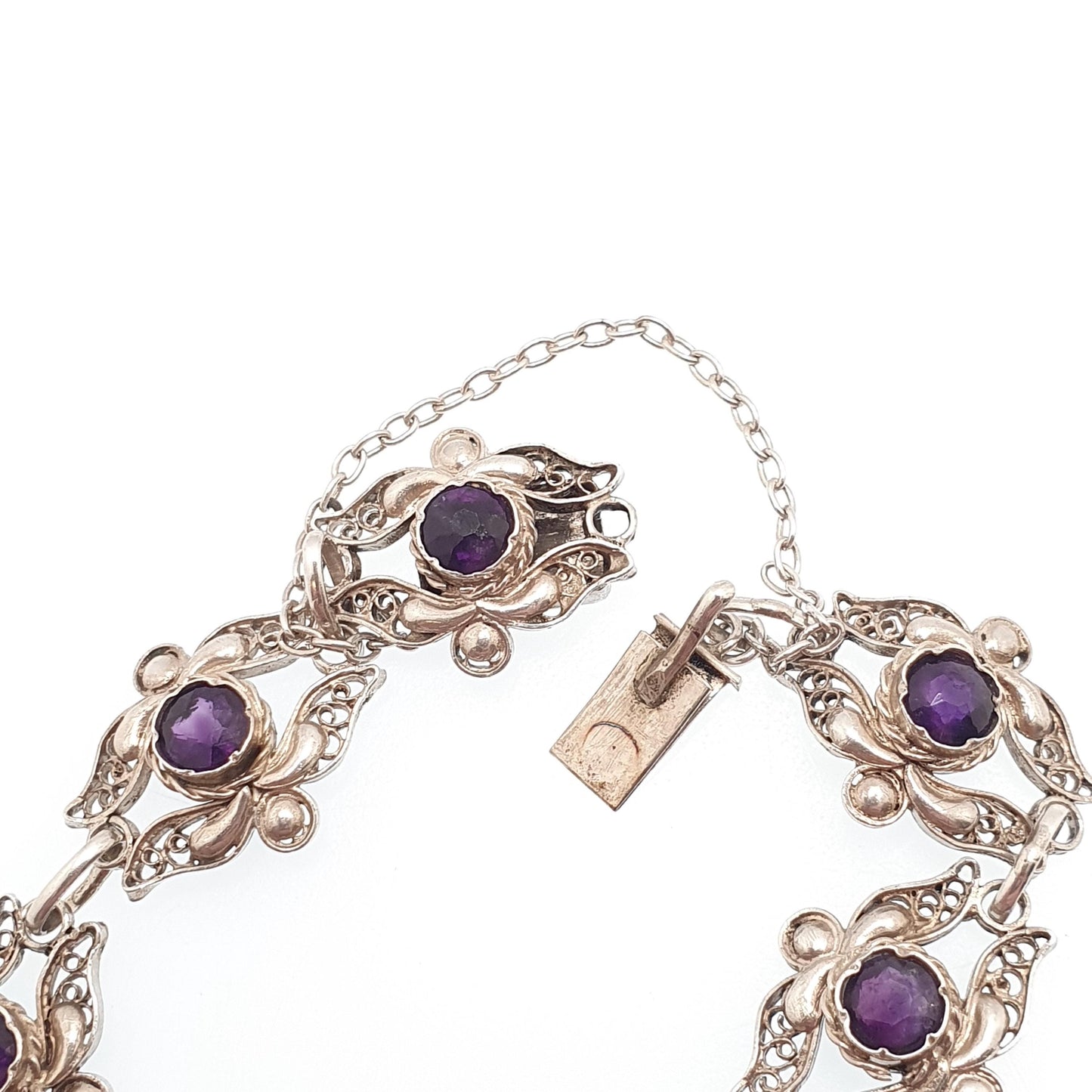 Antique Solid Silver Amethyst Bracelet Filigree Genuine Gemstone European Purple Quartz Handmade Estate Vintage Womens Jewelry Jewellery