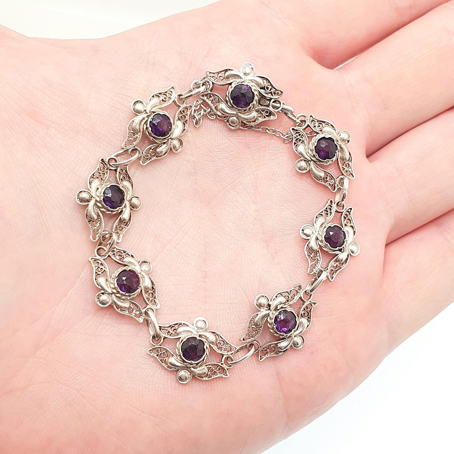 Antique Solid Silver Amethyst Bracelet Filigree Genuine Gemstone European Purple Quartz Handmade Estate Vintage Womens Jewelry Jewellery