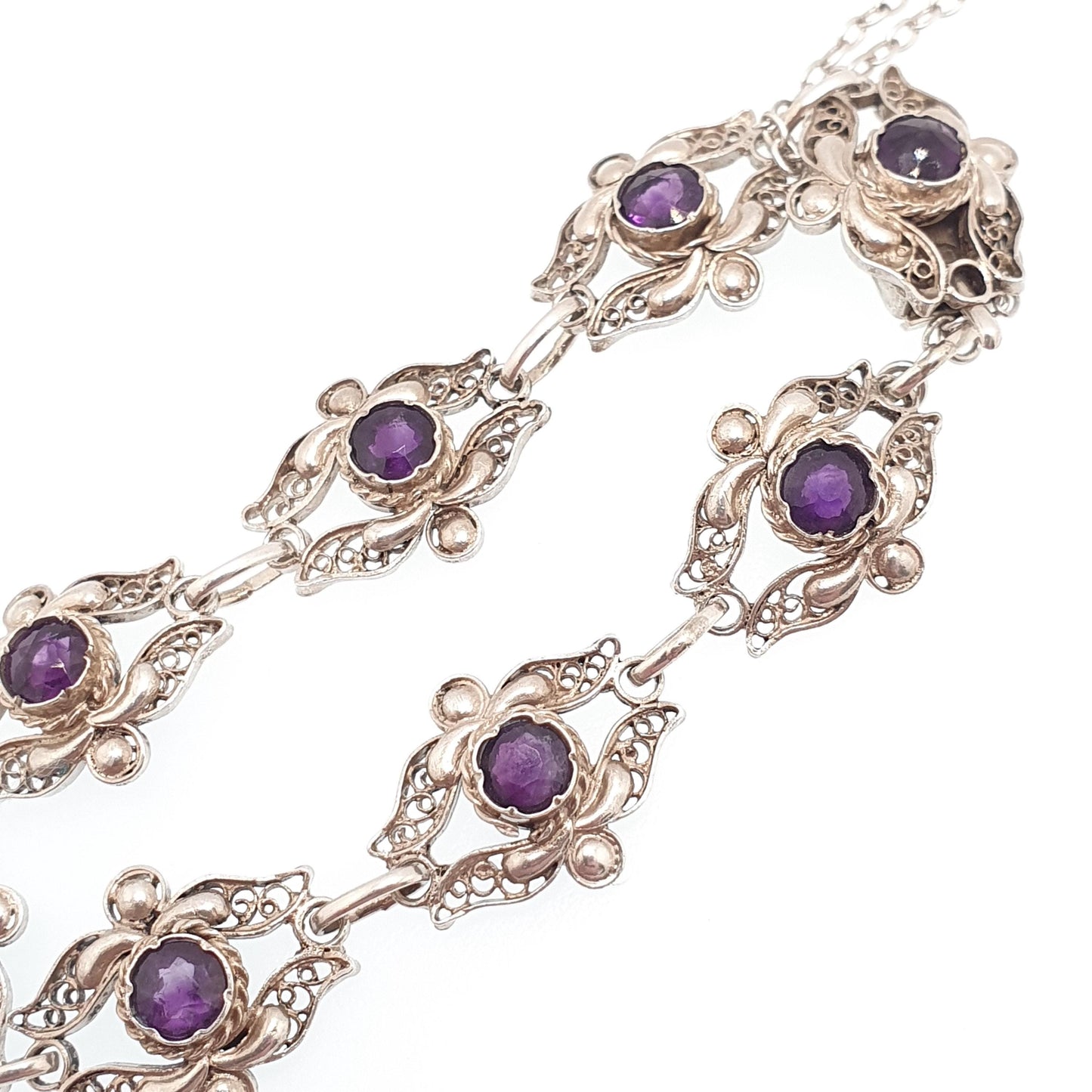 Antique Solid Silver Amethyst Bracelet Filigree Genuine Gemstone European Purple Quartz Handmade Estate Vintage Womens Jewelry Jewellery