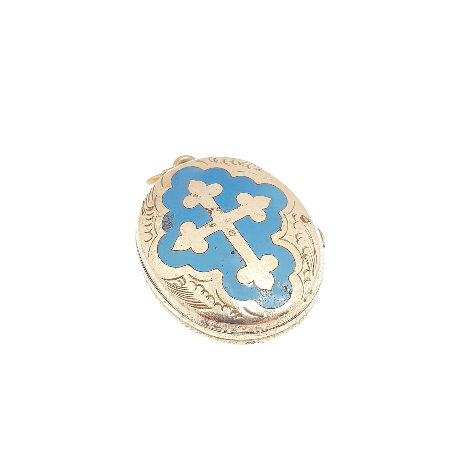 Antique Victorian Pinchbeck Gold Locket Sky Blue Enamel Crucifix Cross Necklace Pendant Back & Front Picture Womens Jewelry Jewellery