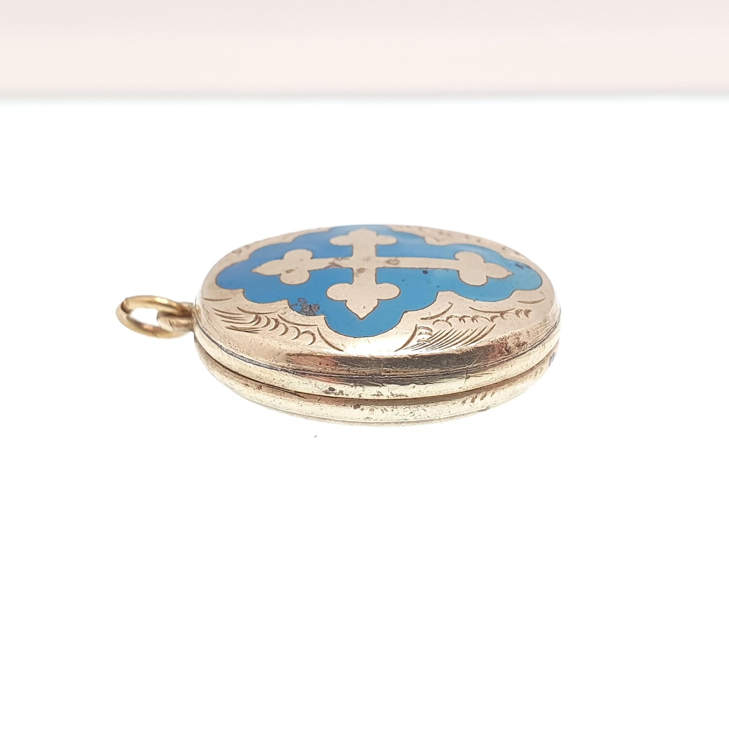 Antique Victorian Pinchbeck Gold Locket Sky Blue Enamel Crucifix Cross Necklace Pendant Back & Front Picture Womens Jewelry Jewellery