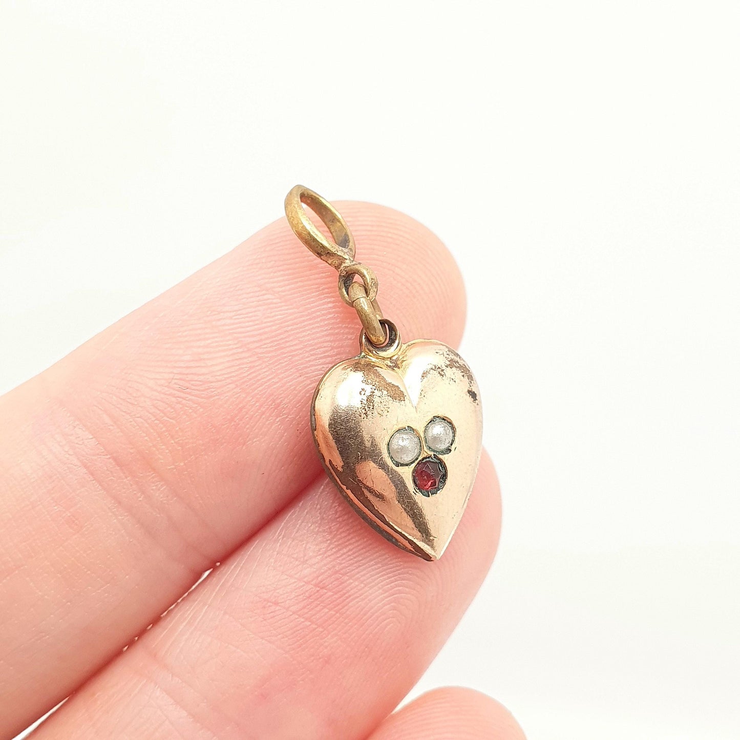 Antique Victorian Rolled Gold Heart Faux Seed Pearl Garnet Paste Necklace Pendant Charm Puffer Gold Filled Womens Jewelry Vintage Jewellery