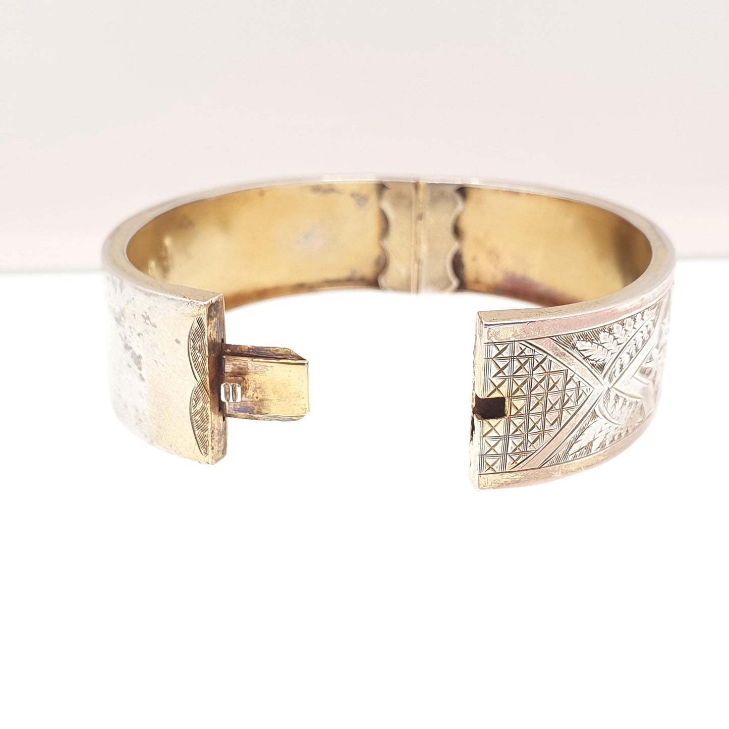 Antique Victorian Sterling Silver Snap Bracelet Bangle 1885 Hallmarked 21.78g Gold Vermeil Hand Engraved Solid 925 Vintage Jewelry Jewellery