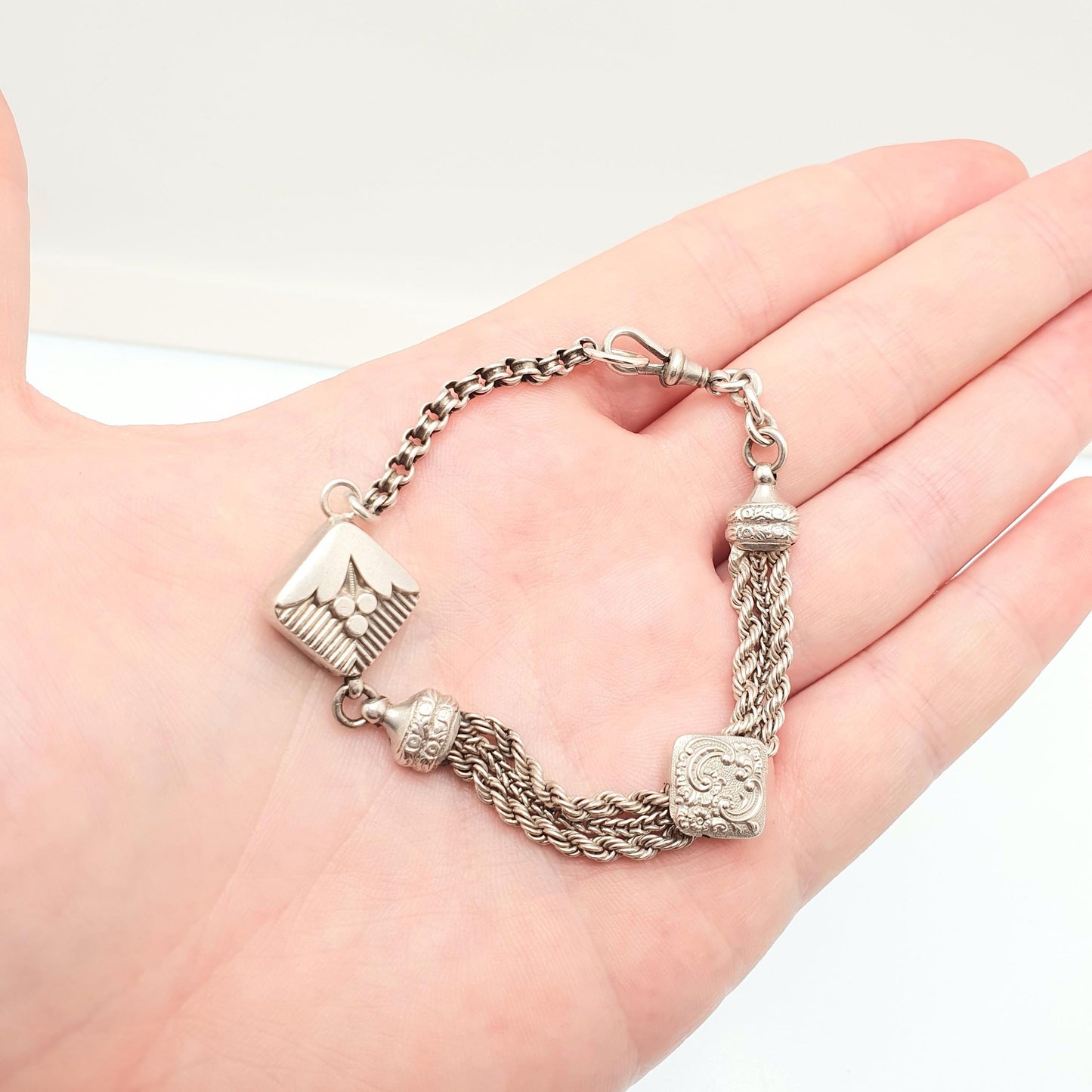Antique Victorian Solid Silver Albertina Bracelet Dog Clip Belcher Rope Link Square 13.29g 19.5cm Aesthetic Vintage Gift Jewelry Jewellery