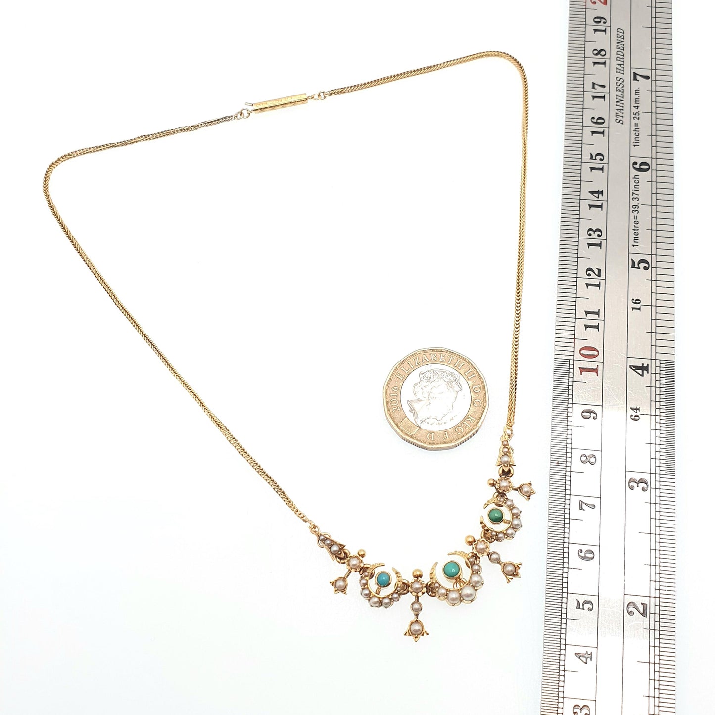 Antique Victorian 14k Gold Turquoise & Pearl Necklace Solid 14kt 585 Crescent Moon Celestial Gemstone Vintage Womens Jewellery Jewelry