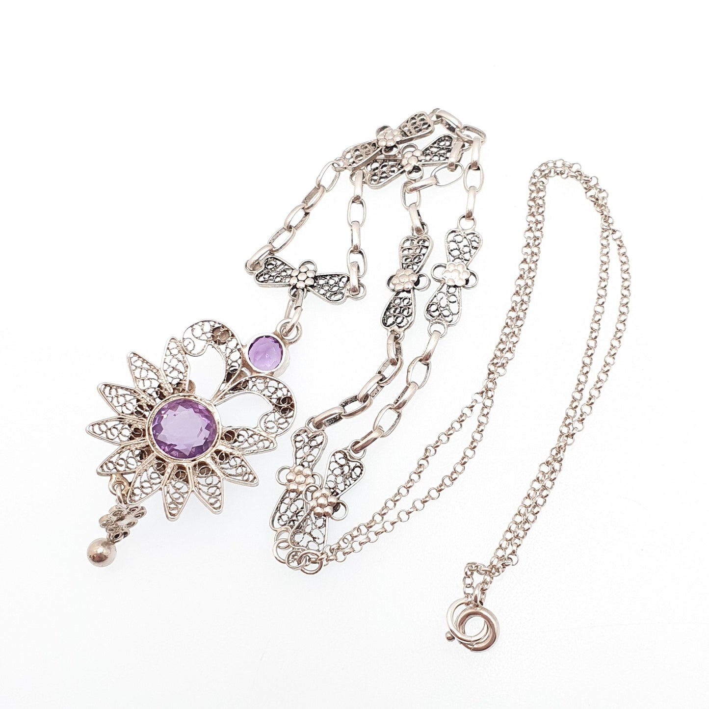 Old Vintage Amethyst Solid Silver Filigree Necklace Handmade Genuine Gemstone Long Length 59cm 23.2" Fine Womens Jewelry Jewellery