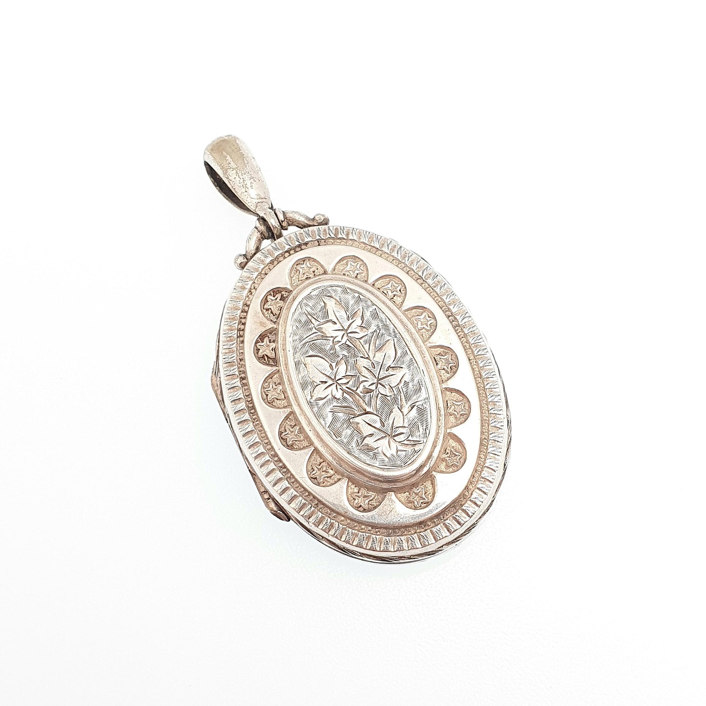 Antique Victorian Solid Silver Locket Hand Engraved Back and Front Oval Large Big Pendant Picture Photo Vintage Womens Jewelry Jewellery