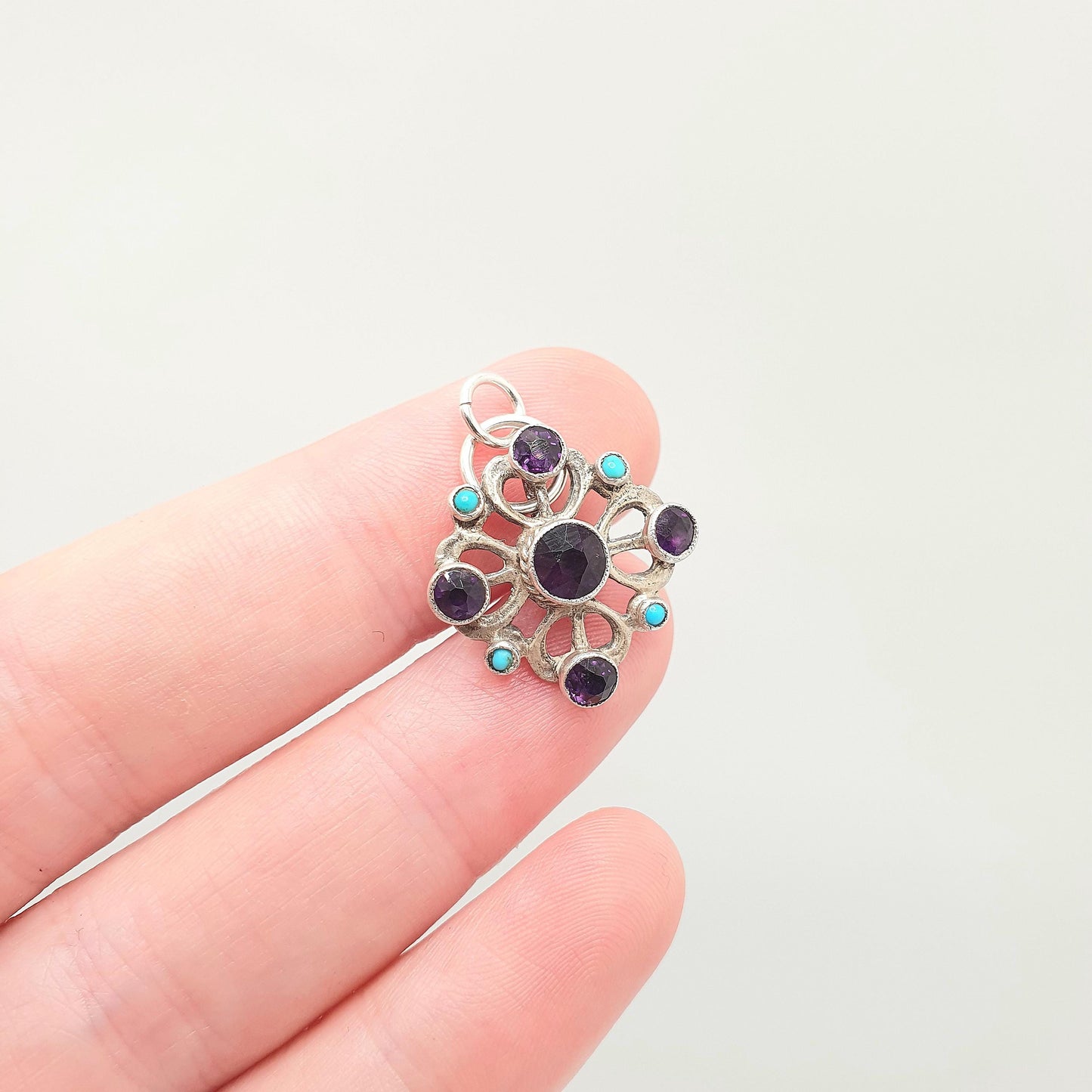 Antique Austro Hungarian Solid Silver Amethyst Pendant Turquoise Victorian Necklace Orante Genuine Gemstones Womens Jewelry Jewellery