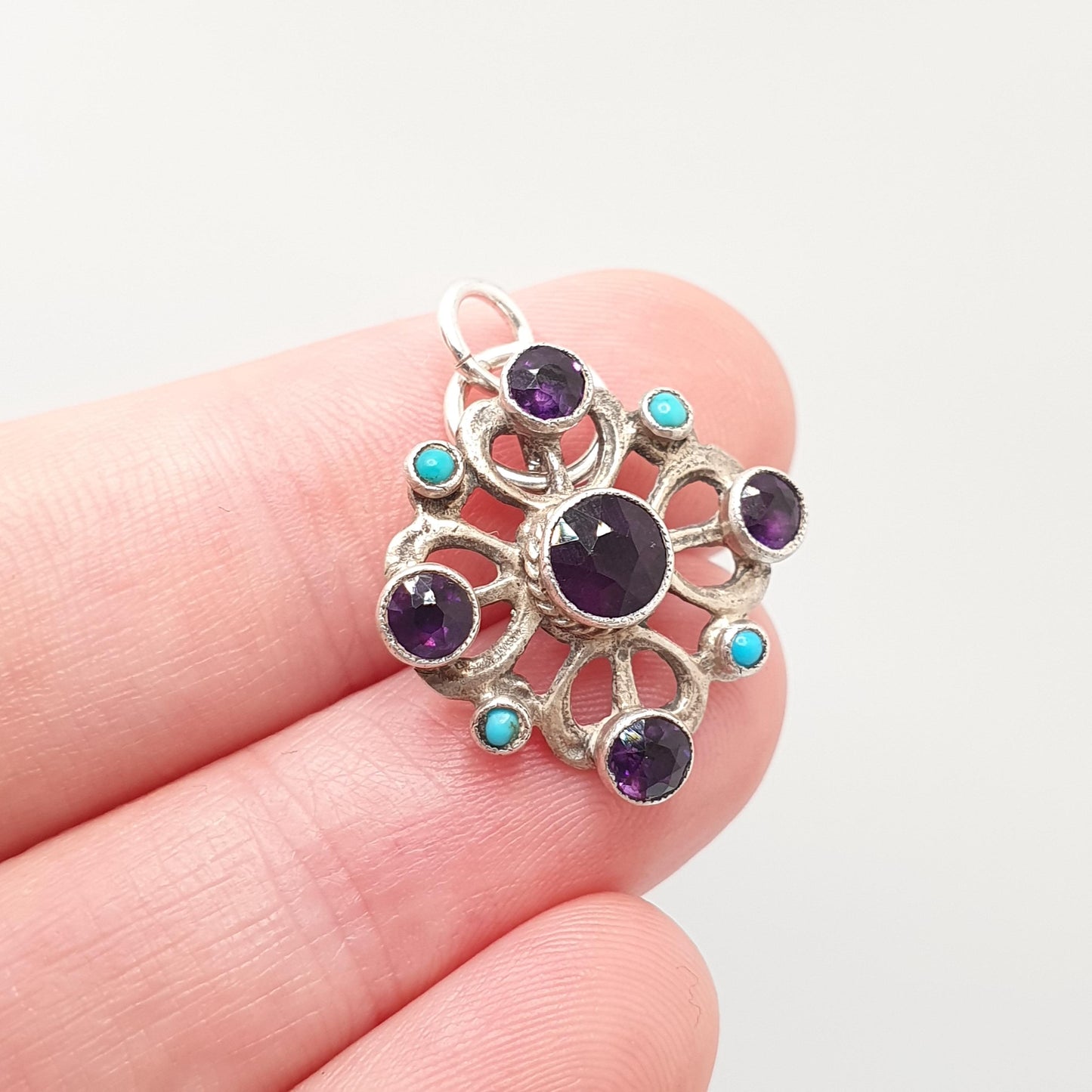Antique Austro Hungarian Solid Silver Amethyst Pendant Turquoise Victorian Necklace Orante Genuine Gemstones Womens Jewelry Jewellery