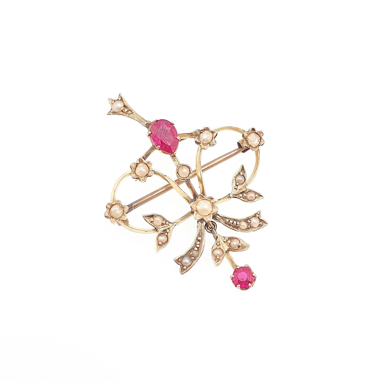 Antique 14k 14kt Gold Ruby Necklace Seed Pearl Openwork Pendant Brooch Edwardian Solid 585 Art Nouveau Vintage Womens Jewelry Jewellery