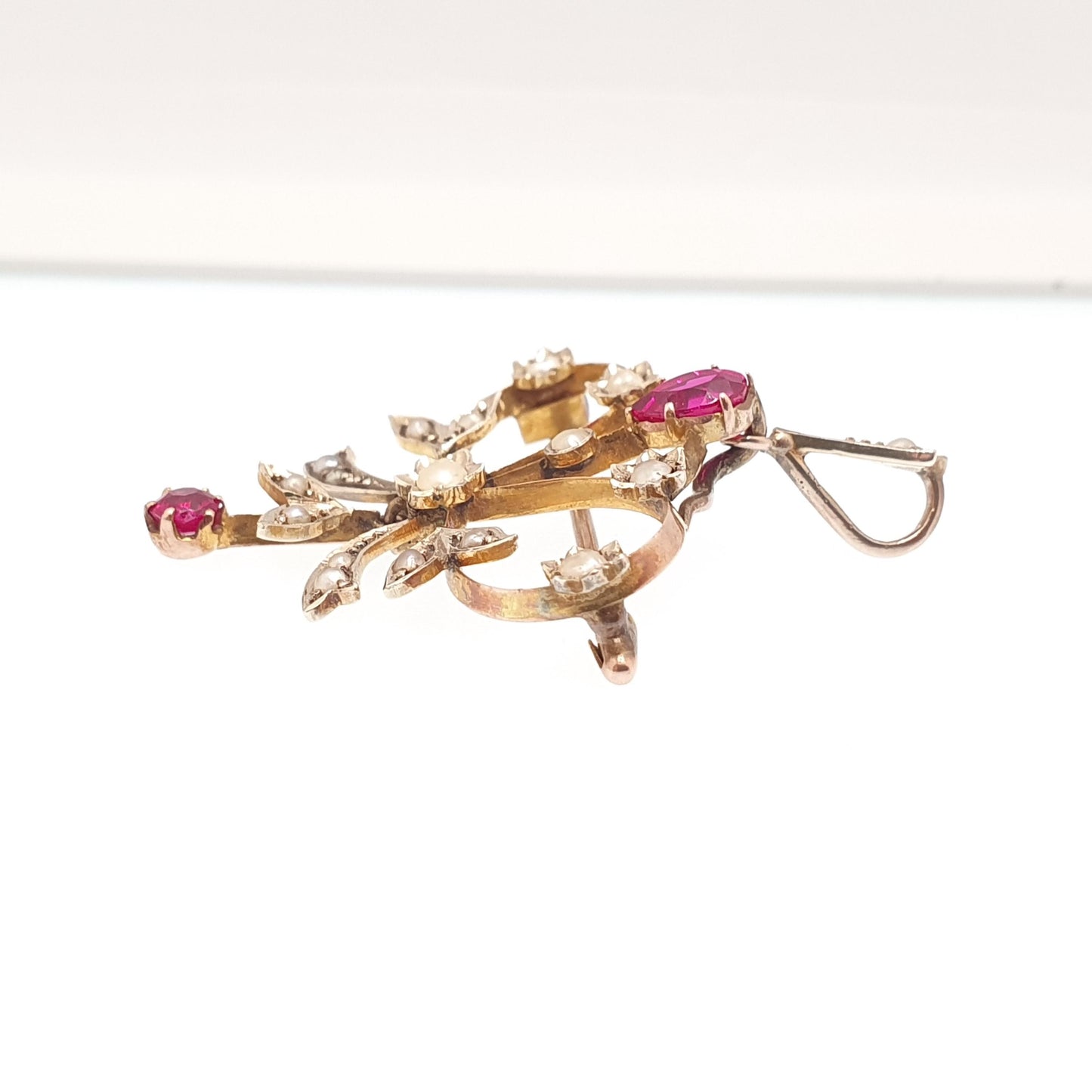 Antique 14k 14kt Gold Ruby Necklace Seed Pearl Openwork Pendant Brooch Edwardian Solid 585 Art Nouveau Vintage Womens Jewelry Jewellery