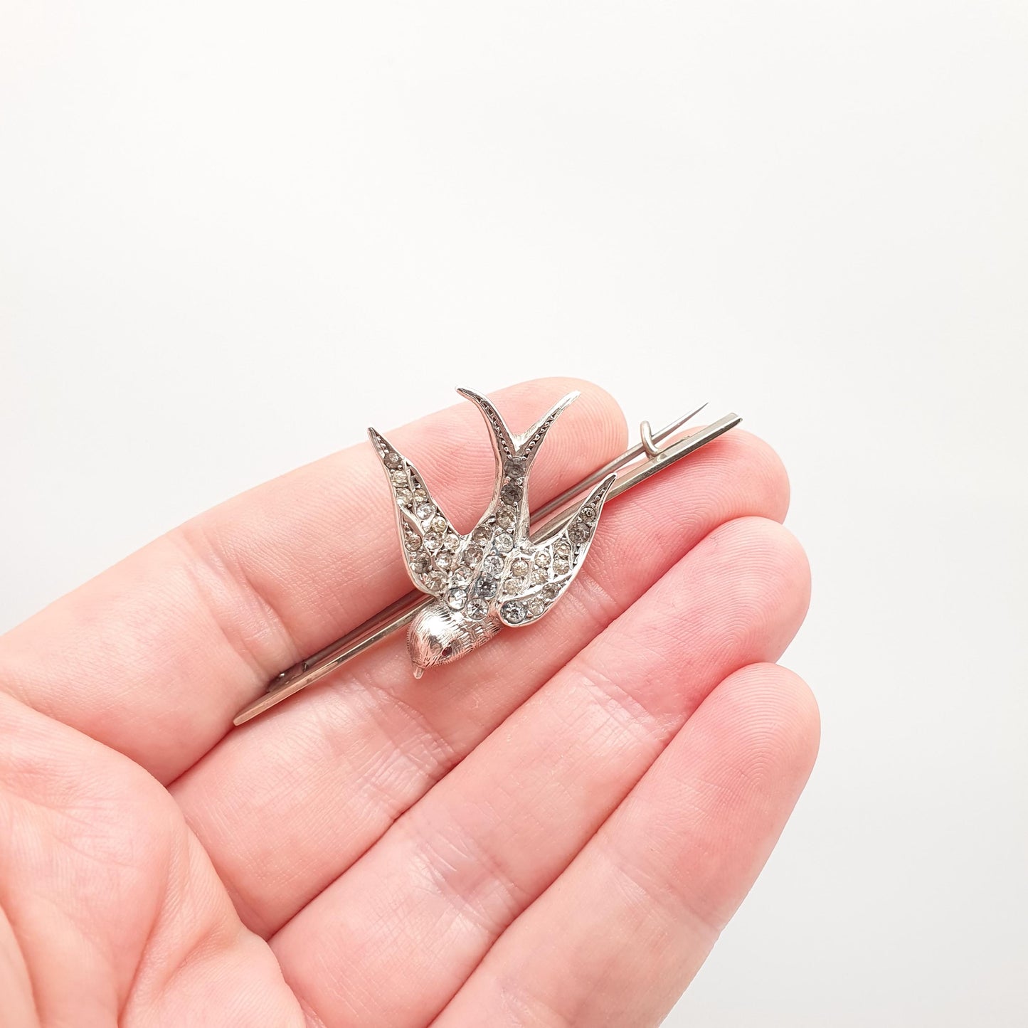Antique Solid Silver Victorian Paste Bird Brooch Diamond Foiled Pastes Large Big Songbird Swallow Cute Birds Vintage 1800s Ladies Womens