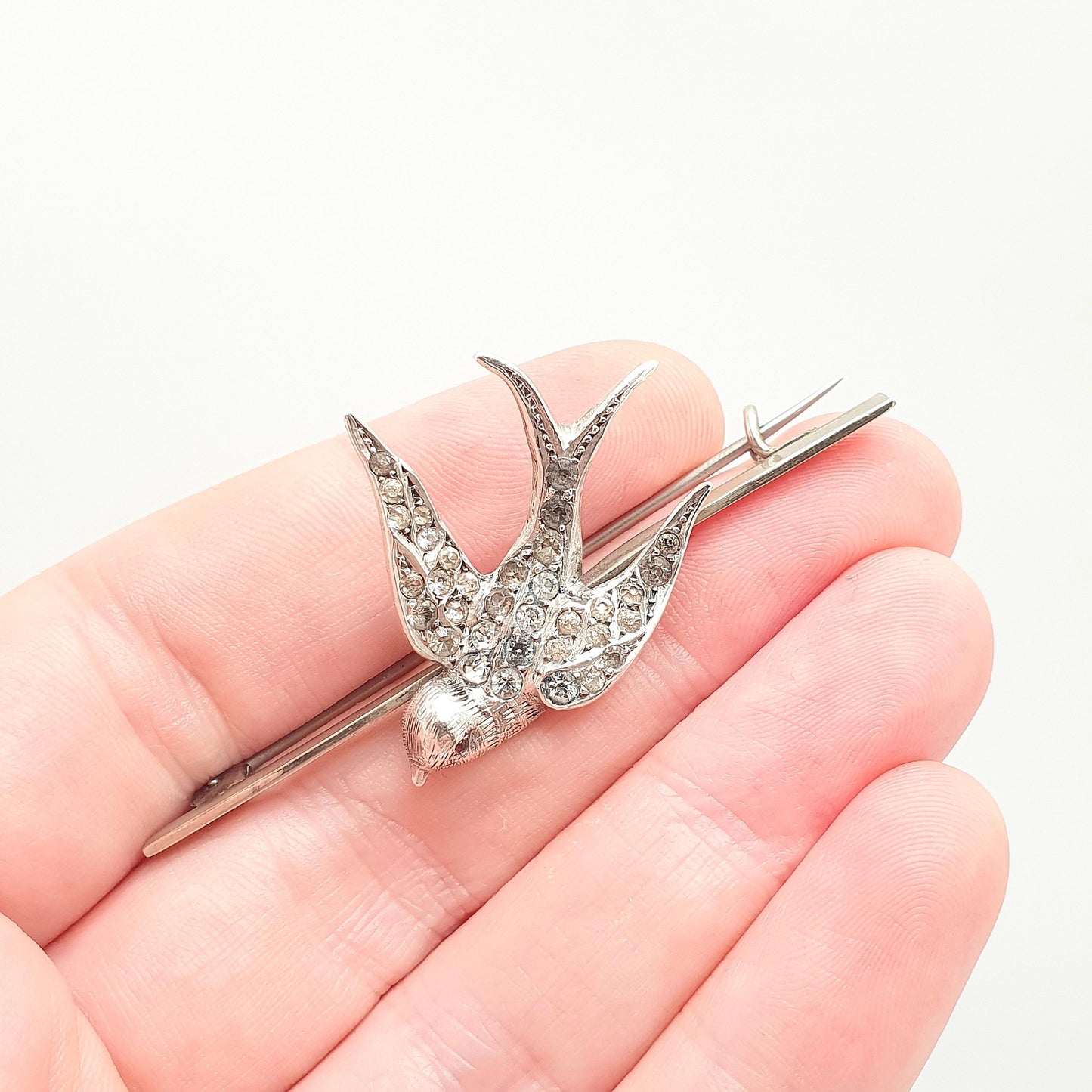 Antique Solid Silver Victorian Paste Bird Brooch Diamond Foiled Pastes Large Big Songbird Swallow Cute Birds Vintage 1800s Ladies Womens