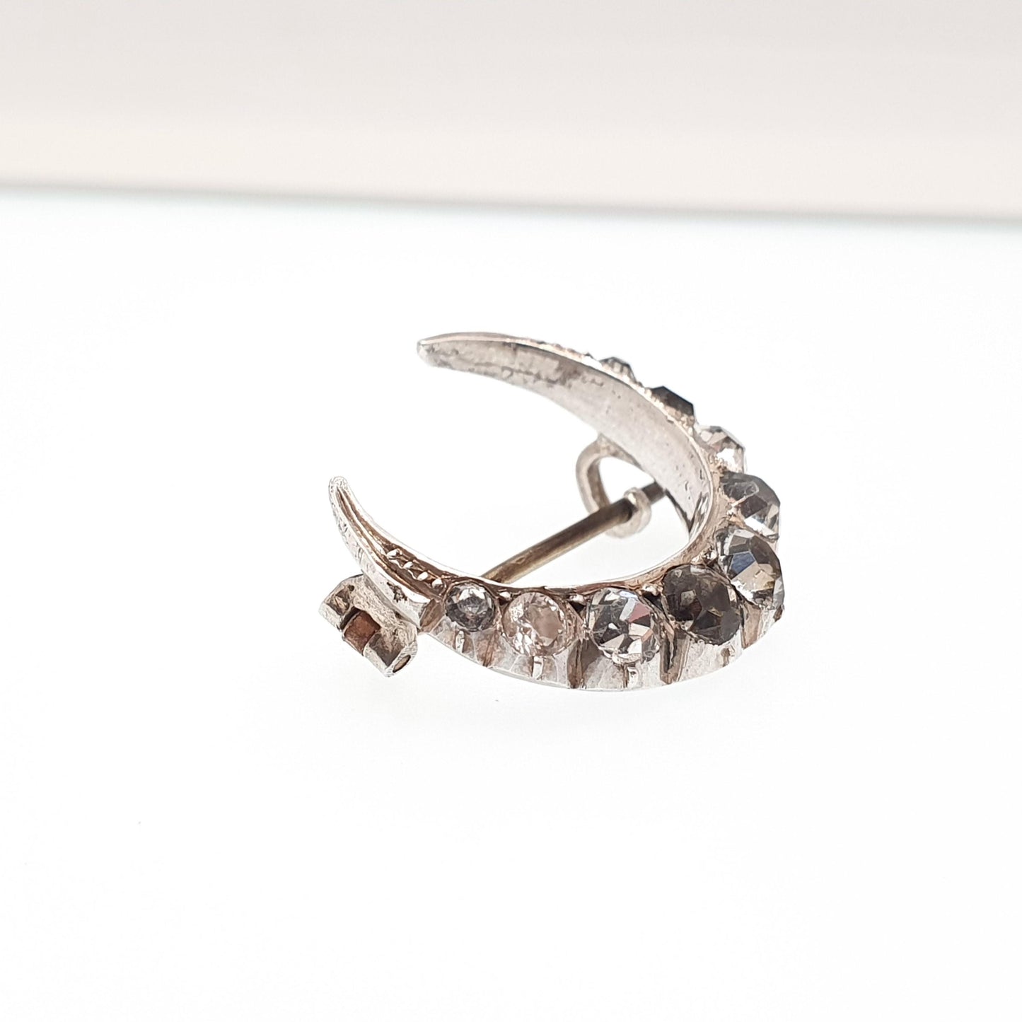 Antique Crescent Moon Solid Silver Brooch Victorian Diamond Paste Foiled Backs Sparkly Celestial Jewelry Jewellery Vintage Moons Pastes