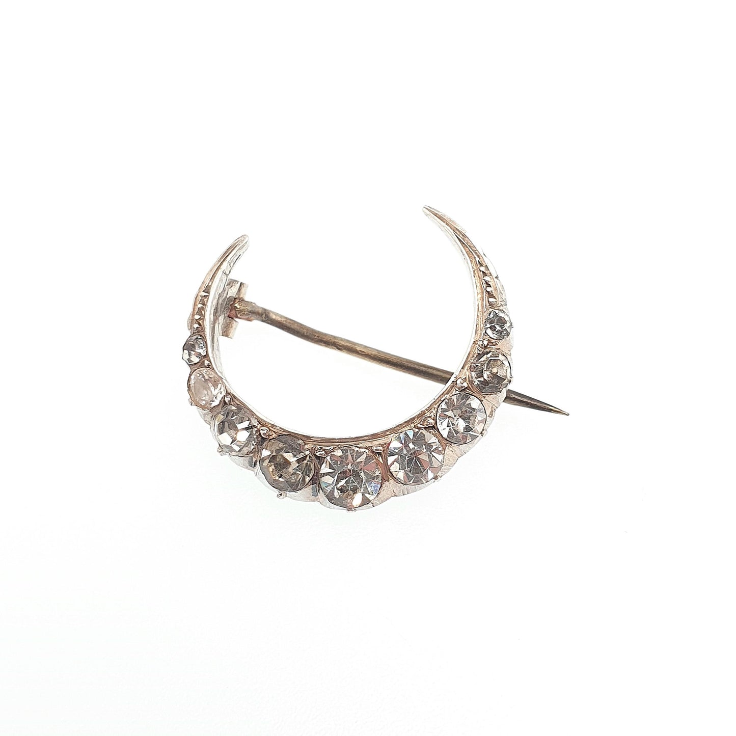 Antique Crescent Moon Solid Silver Brooch Victorian Diamond Paste Foiled Backs Sparkly Celestial Jewelry Jewellery Vintage Moons Pastes