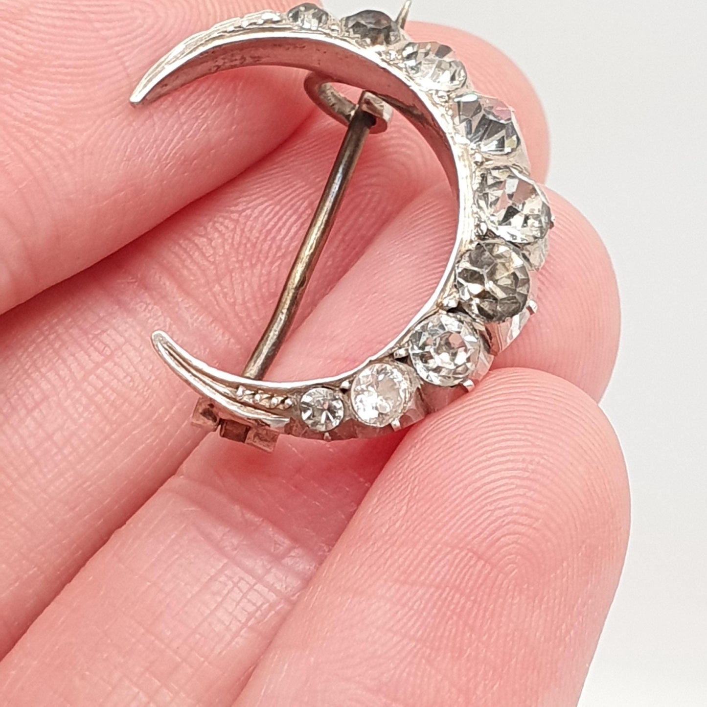 Antique Crescent Moon Solid Silver Brooch Victorian Diamond Paste Foiled Backs Sparkly Celestial Jewelry Jewellery Vintage Moons Pastes