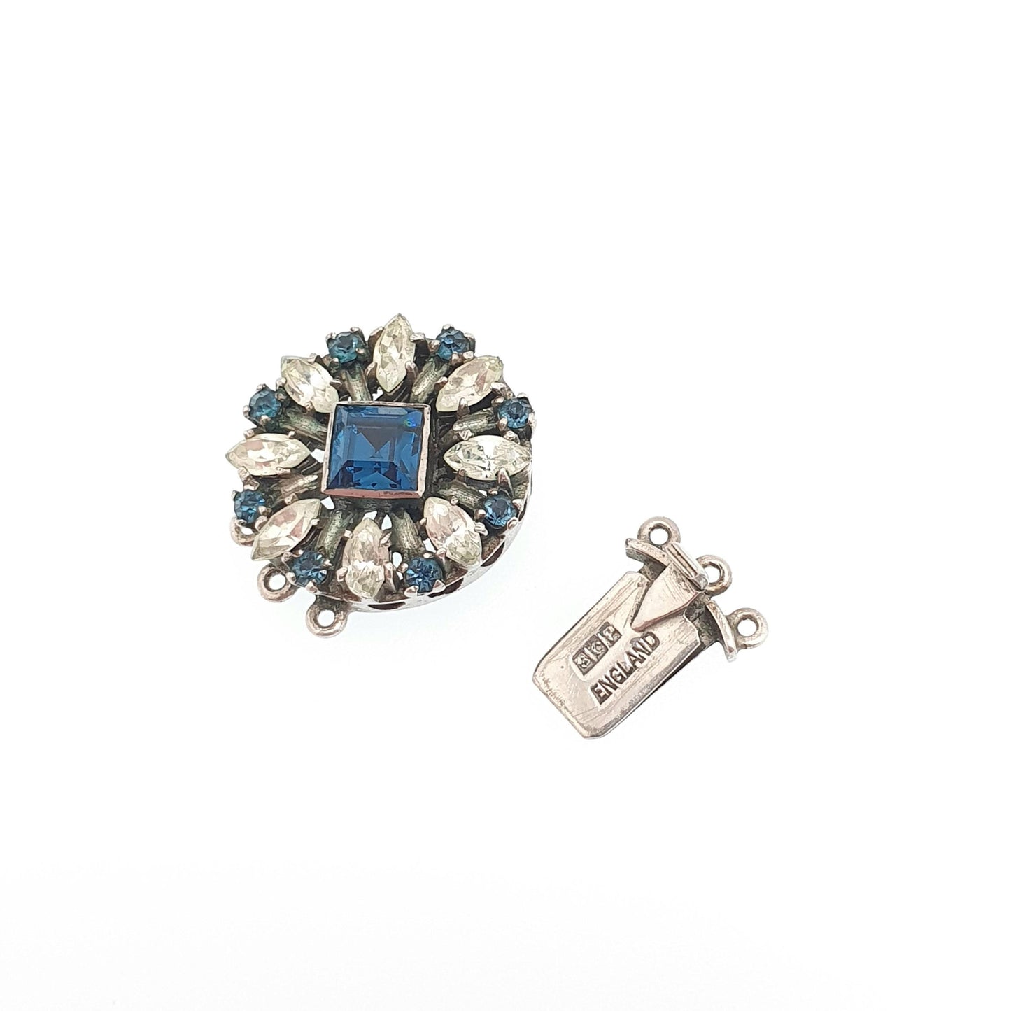 Antique Solid Silver Sapphire & Diamond Paste Clasp Necklace Bracelet Fastener Clip Triple Tri Strand Art Deco Vintage Jewelry Jewellery