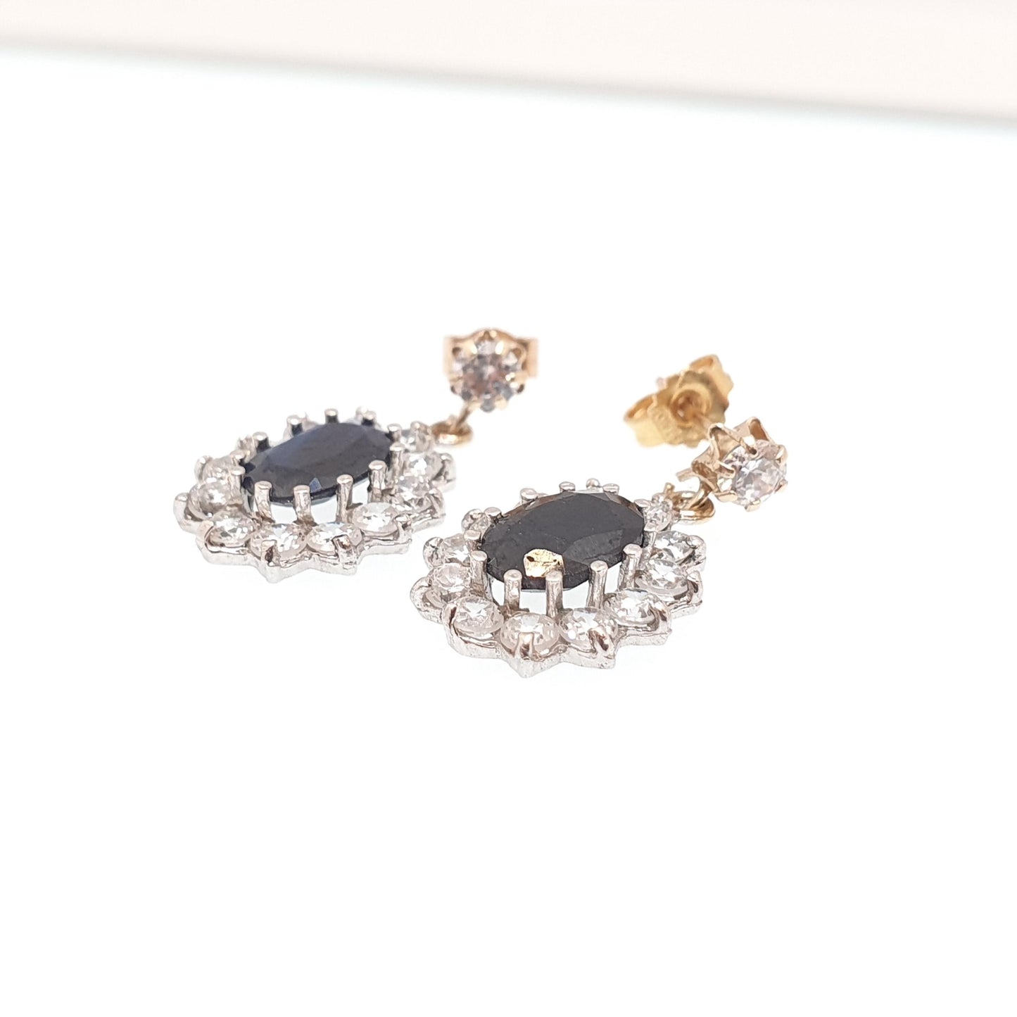 Vintage 9ct 9kt Gold Sapphire Earrings CZ Cluster Stud Hanging Drop Sparkly Solid 9k 375 Retro 1980s Cute Ladies Womens Jewelry Jewellery