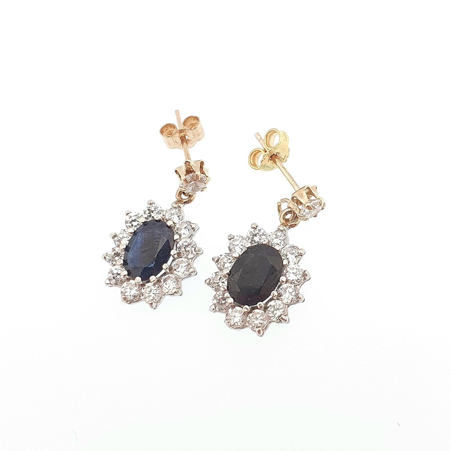 Vintage 9ct 9kt Gold Sapphire Earrings CZ Cluster Stud Hanging Drop Sparkly Solid 9k 375 Retro 1980s Cute Ladies Womens Jewelry Jewellery