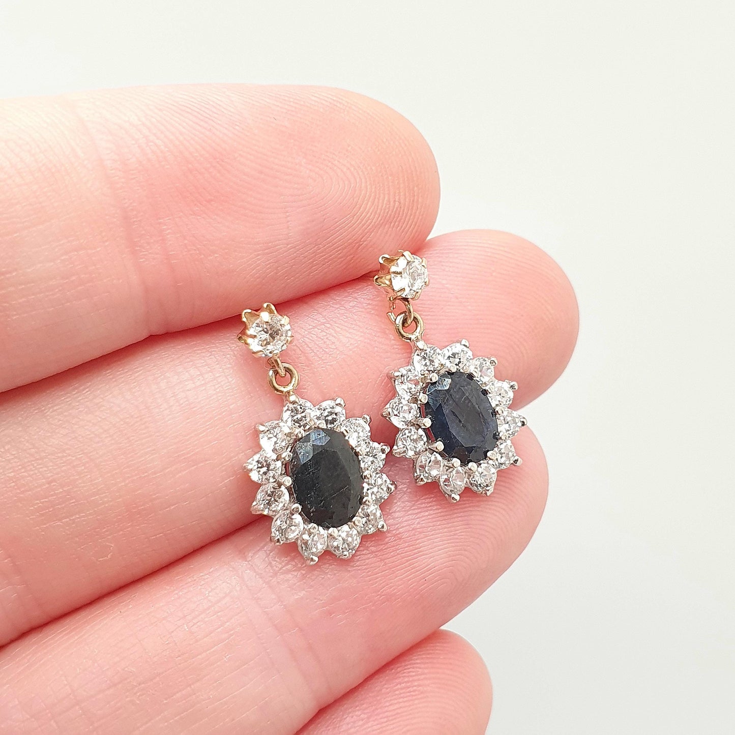 Vintage 9ct 9kt Gold Sapphire Earrings CZ Cluster Stud Hanging Drop Sparkly Solid 9k 375 Retro 1980s Cute Ladies Womens Jewelry Jewellery