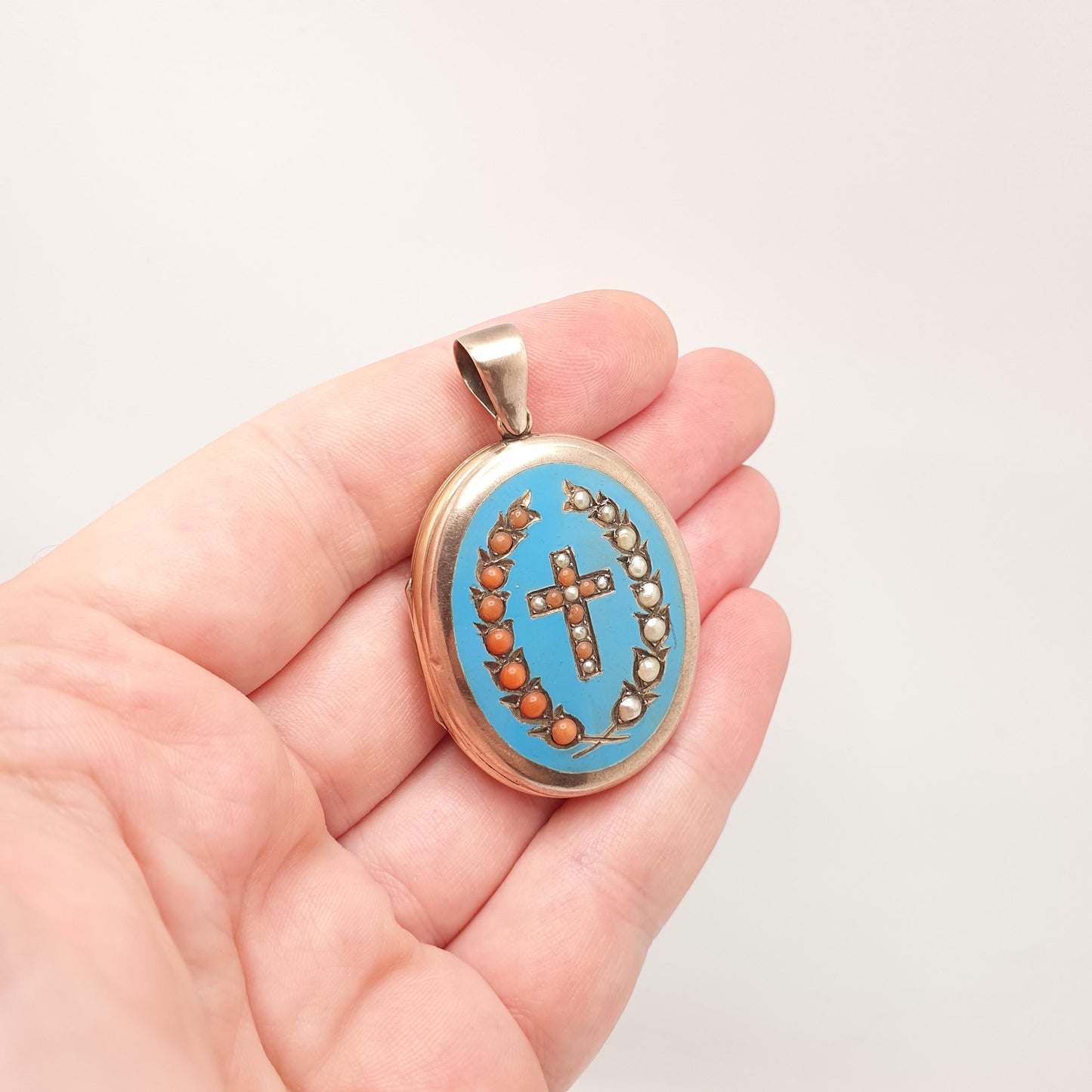 Antique Victorian 9ct 9k Gold Locket Coral & Seed Pearl Sky Blue Enamel Necklace Pendant Large Big Solid Back Front Jewelry Jewellery