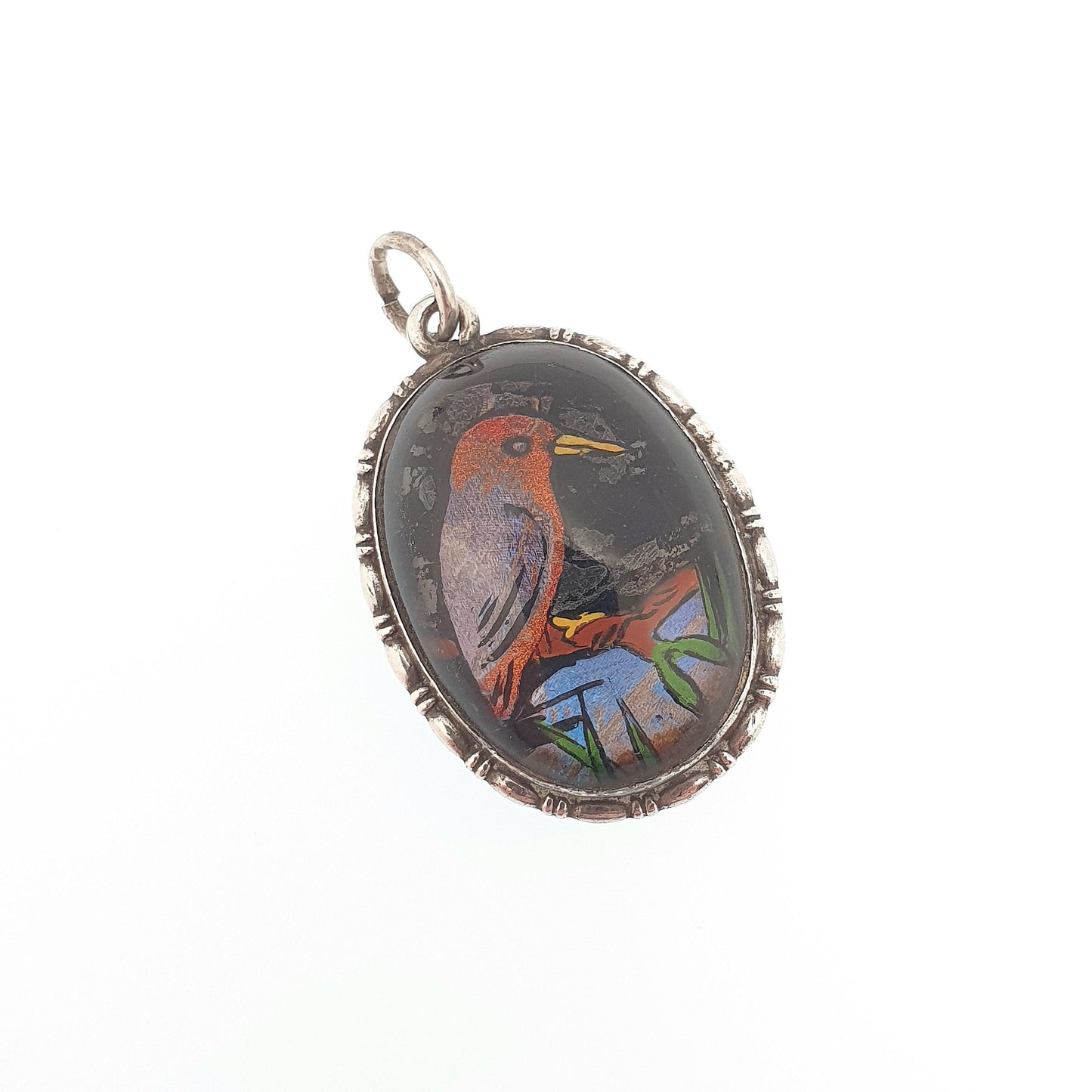 Antique Solid Silver Butterfly Wing Pendant Kingfisher Bird Painted Art Deco 1920s Necklace Morpho England 1920s Vintage Womens Jewelry