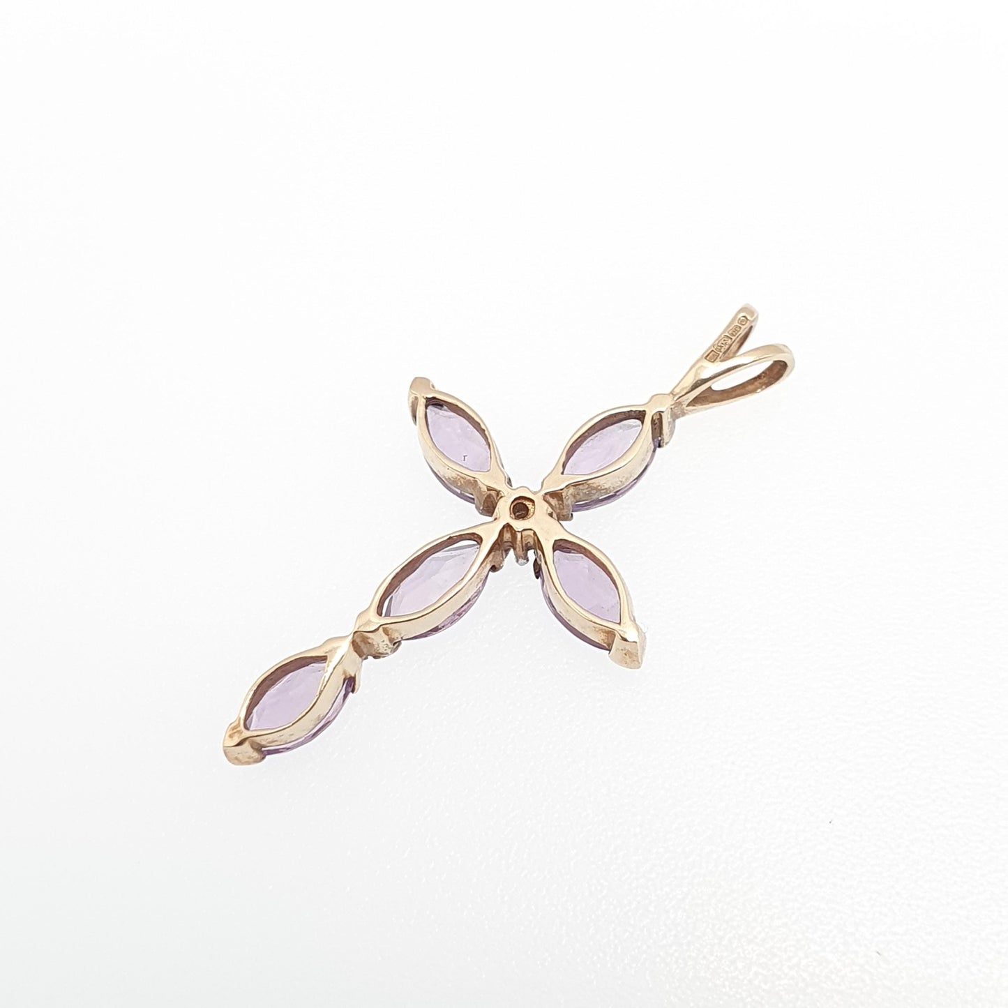 Vintage 9ct 9k Gold Amethyst & Diamond Cross Necklace Crucifix Pendant Solid 9k 375 Retro Genuine Real Gemstone Womens Jewellery Jewelry