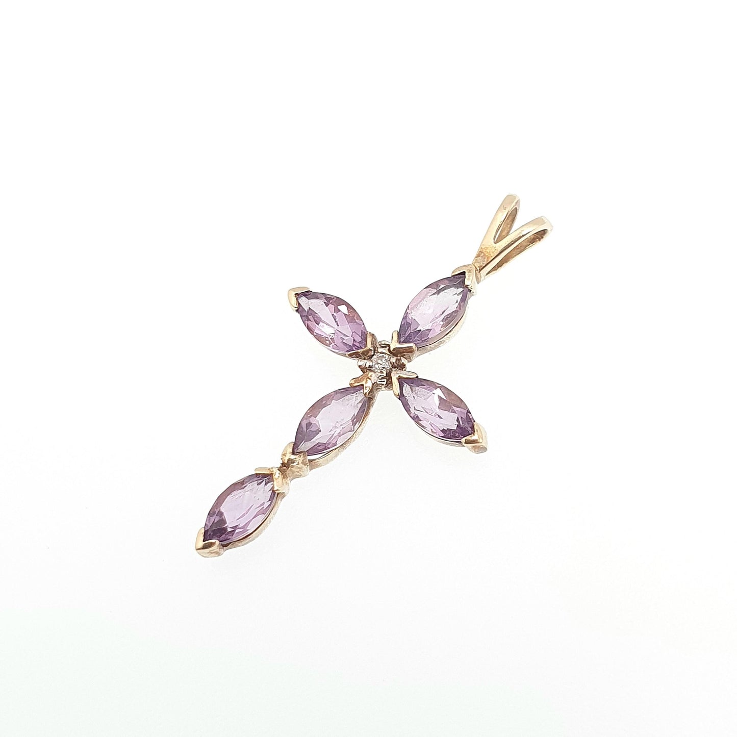 Vintage 9ct 9k Gold Amethyst & Diamond Cross Necklace Crucifix Pendant Solid 9k 375 Retro Genuine Real Gemstone Womens Jewellery Jewelry