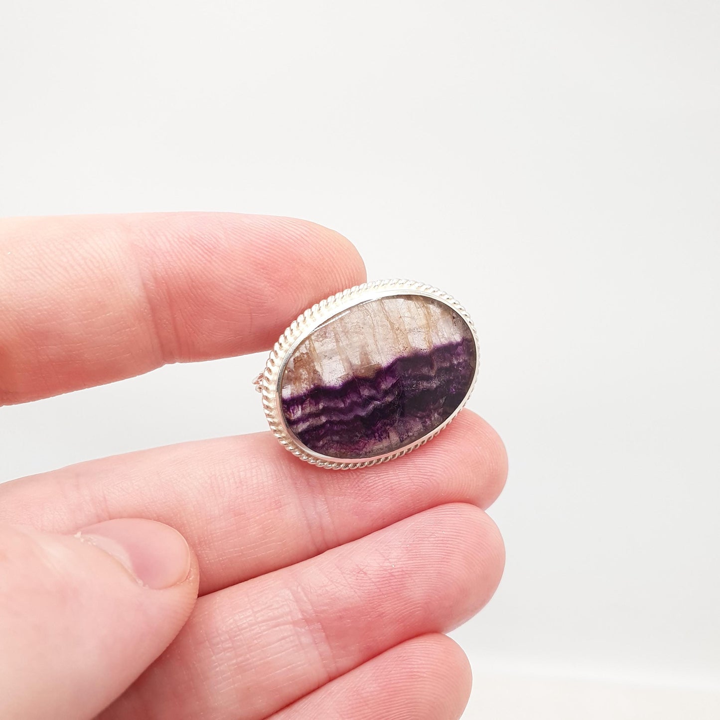 Vintage Sterling Silver Blue John Brooch Large Whole Gemstone Big Fluorite Bleu Jaune Womens Rare Gemstone Jewelry Jewellery Retro