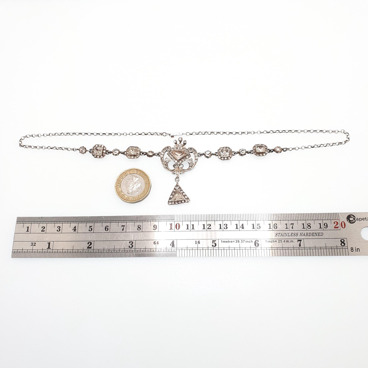 Antique Victorian Solid Silver Diamond Paste Necklace Lavalier Y Pendant Art Noueavu Sparkly Genuine Vintage Womens Jewellery Jewelry