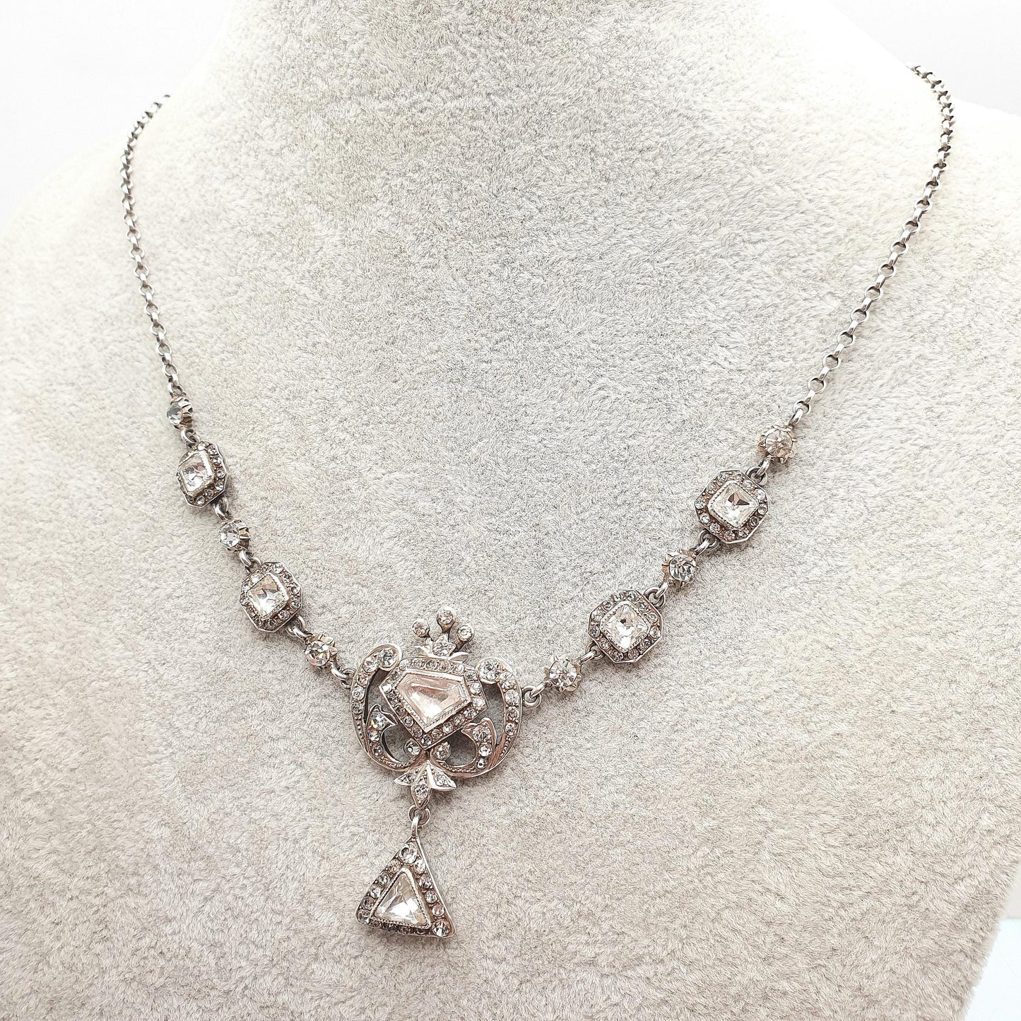 Antique Victorian Solid Silver Diamond Paste Necklace Lavalier Y Pendant Art Noueavu Sparkly Genuine Vintage Womens Jewellery Jewelry