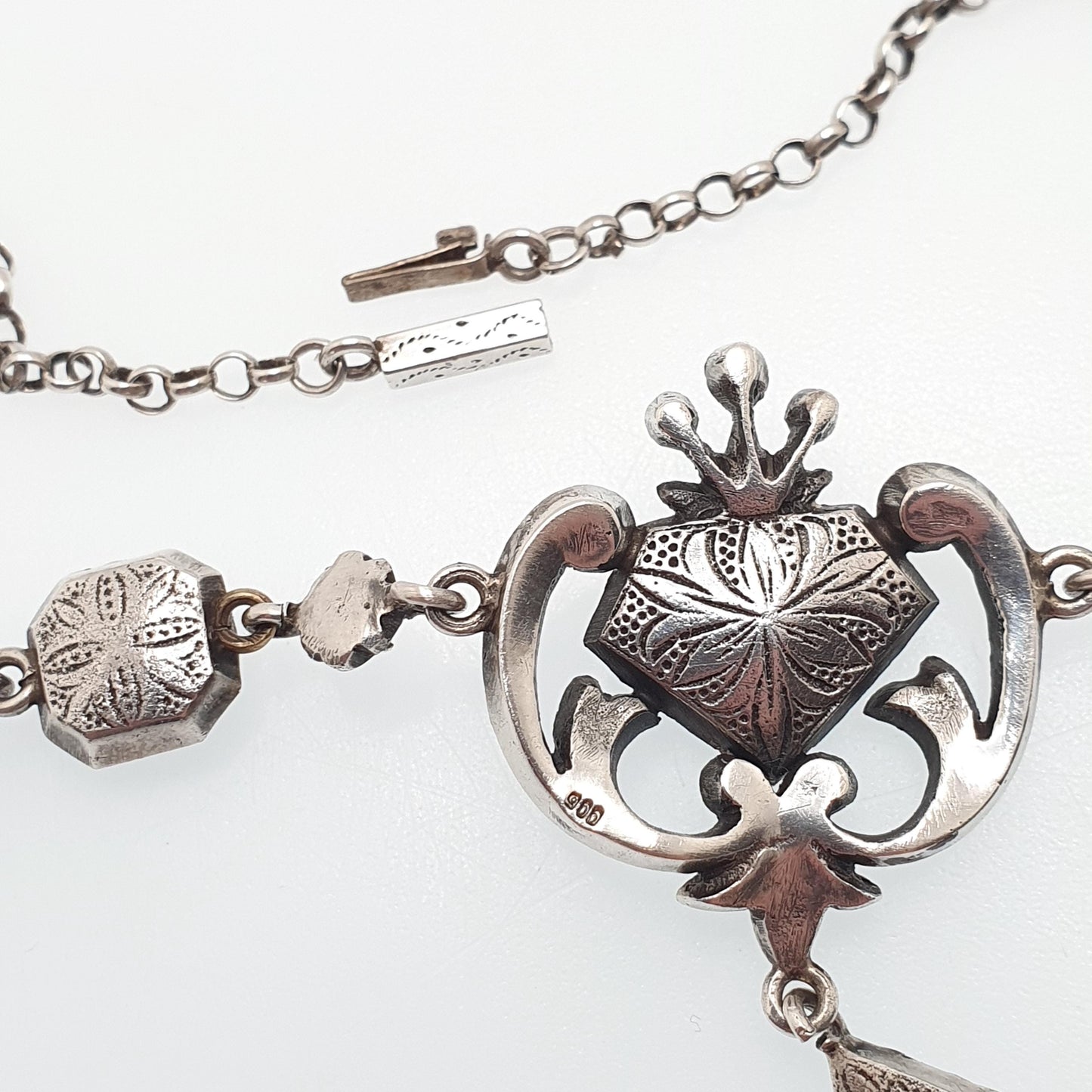 Antique Victorian Solid Silver Diamond Paste Necklace Lavalier Y Pendant Art Noueavu Sparkly Genuine Vintage Womens Jewellery Jewelry