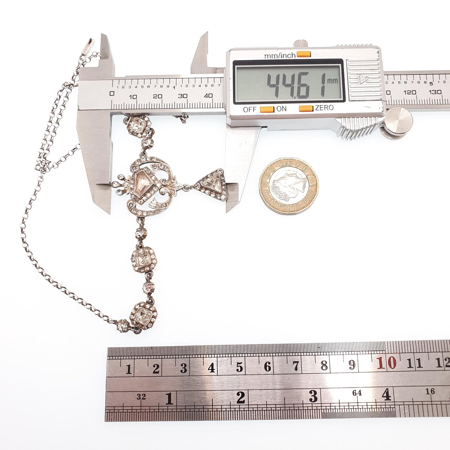 Antique Victorian Solid Silver Diamond Paste Necklace Lavalier Y Pendant Art Noueavu Sparkly Genuine Vintage Womens Jewellery Jewelry