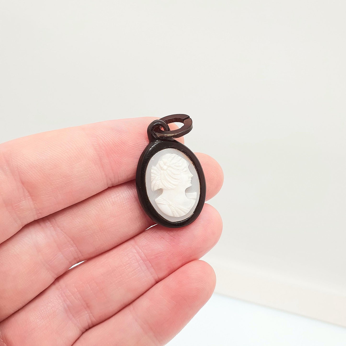 Antique Cameo Necklace Pendant Faux Tortoise Shell Early Plastic Hand Carved Handmade Italian Vintage Womens Jewelry Jewellery